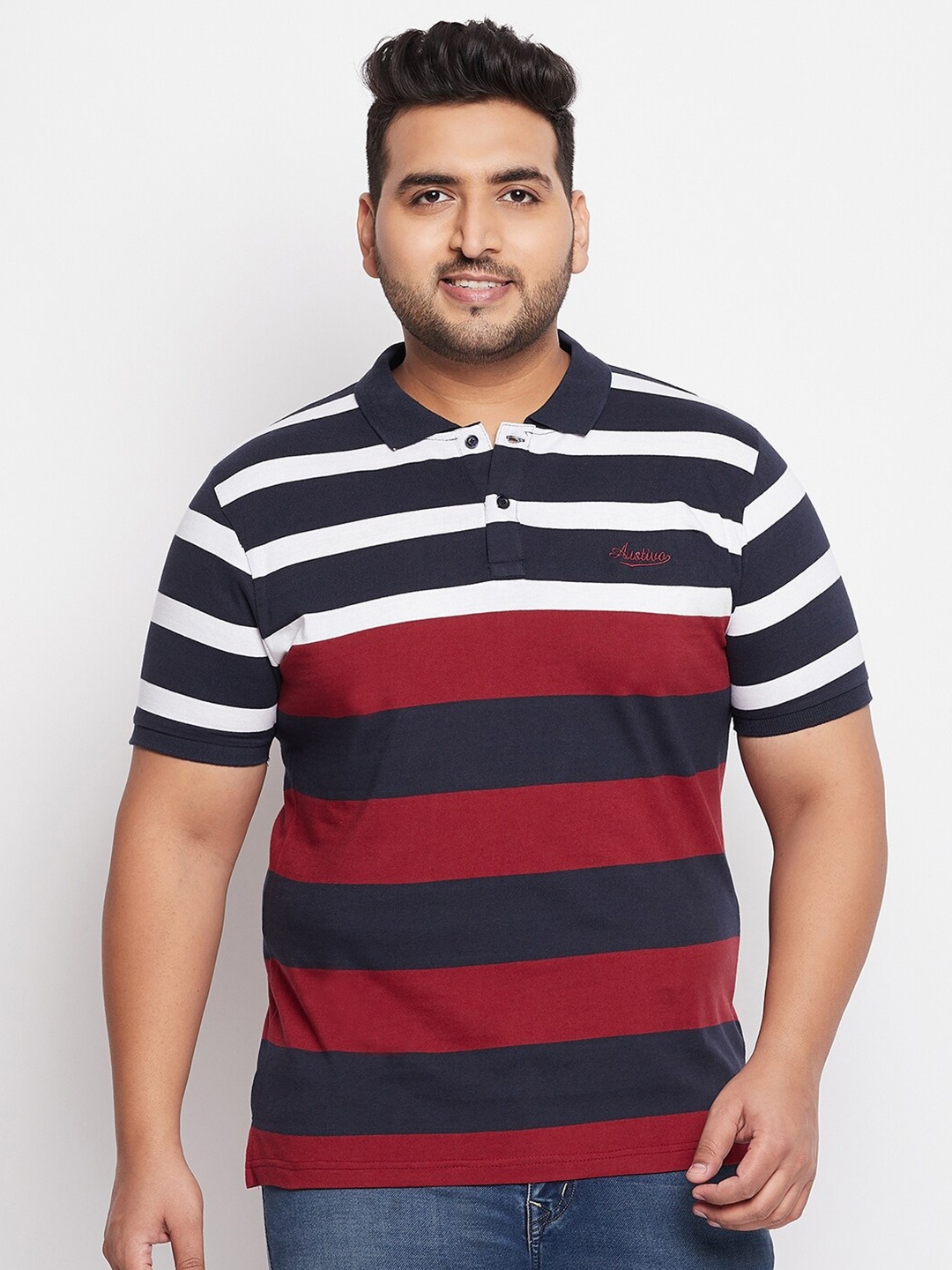 

AUSTIVO Men Maroon & Navy Blue Striped Polo Collar T-shirt