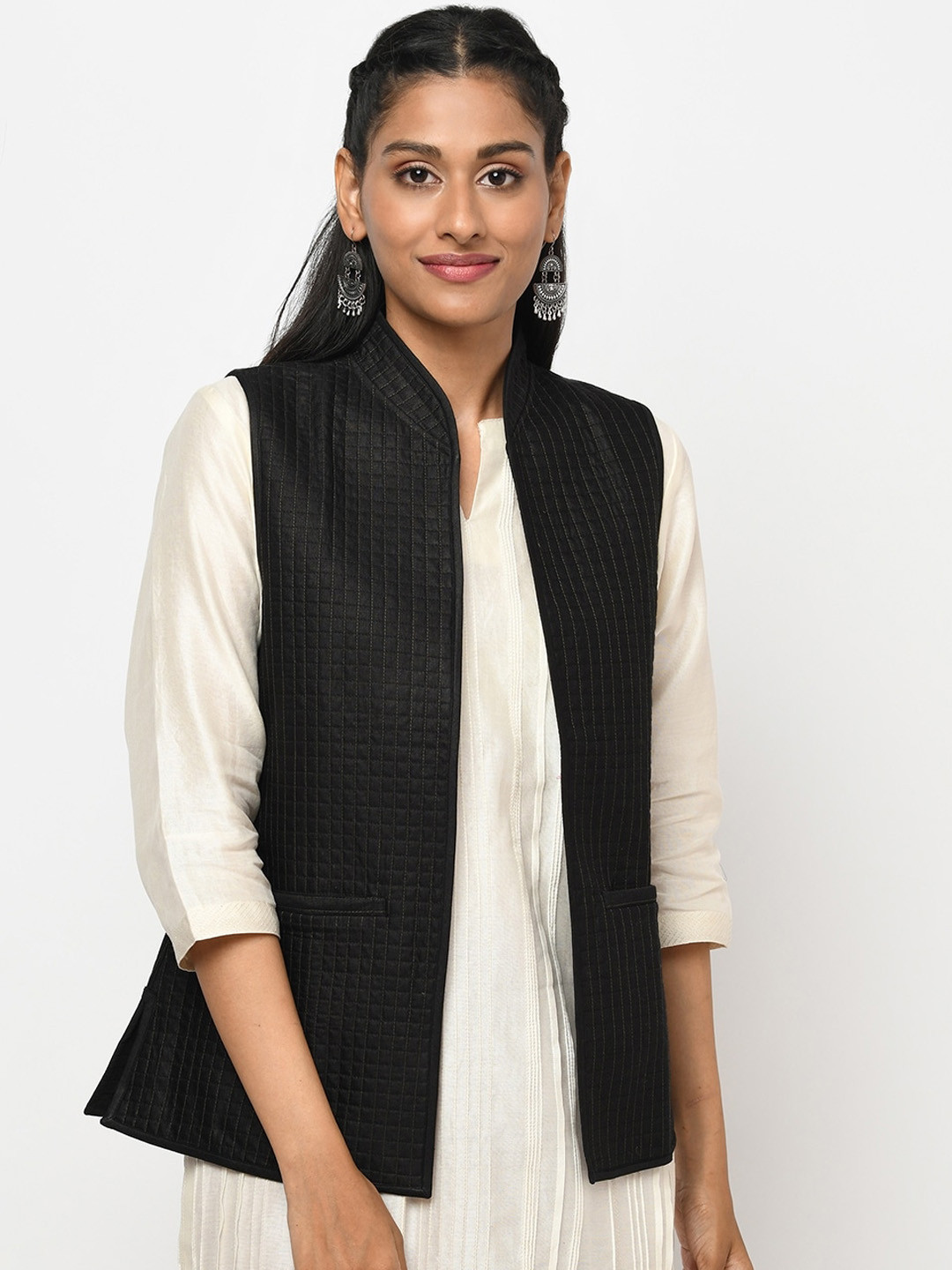 

Fabindia Women Black Checked Longline Open Front Jacket