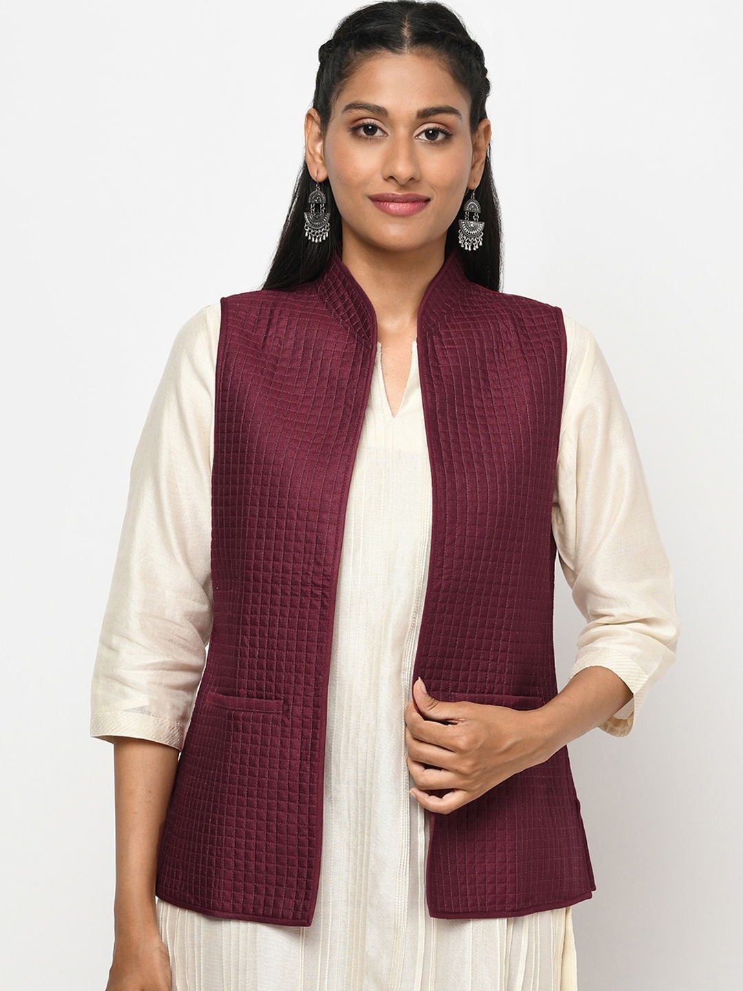 

Fabindia Women Maroon Quilted & Checked Open Front Jacket