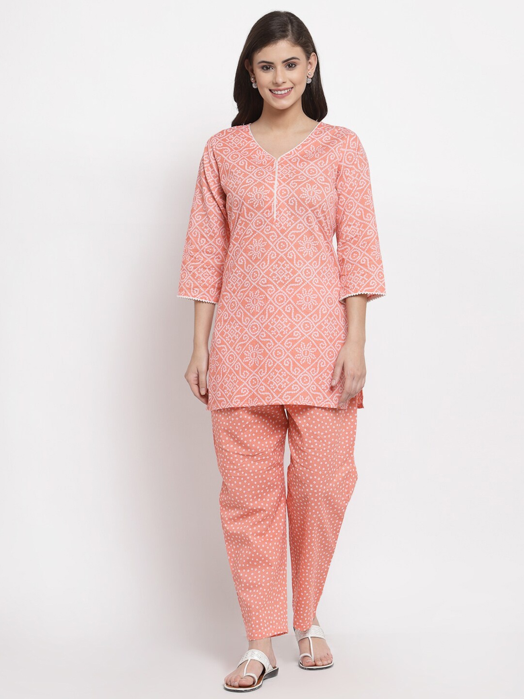 

Yuris Women Peach & Off White Pure Cotton Printed Tunic with Trousers