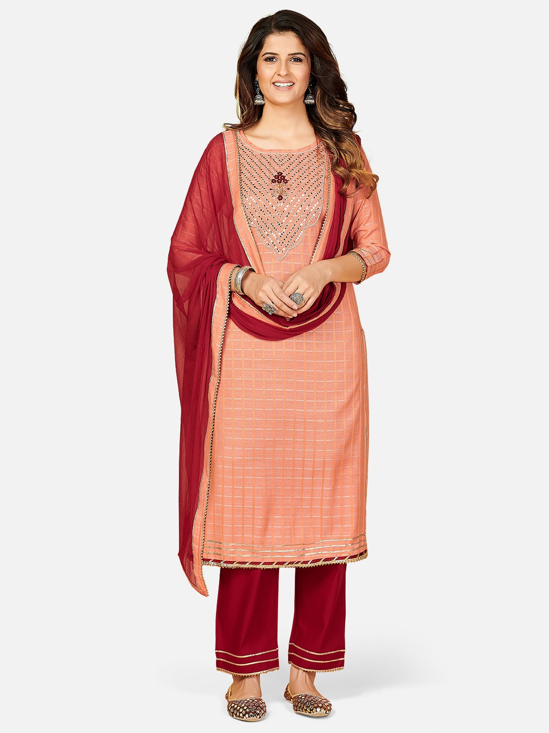 

Vbuyz Women Orange Floral Regular Mirror Work Kurta with Palazzos & With Dupatta