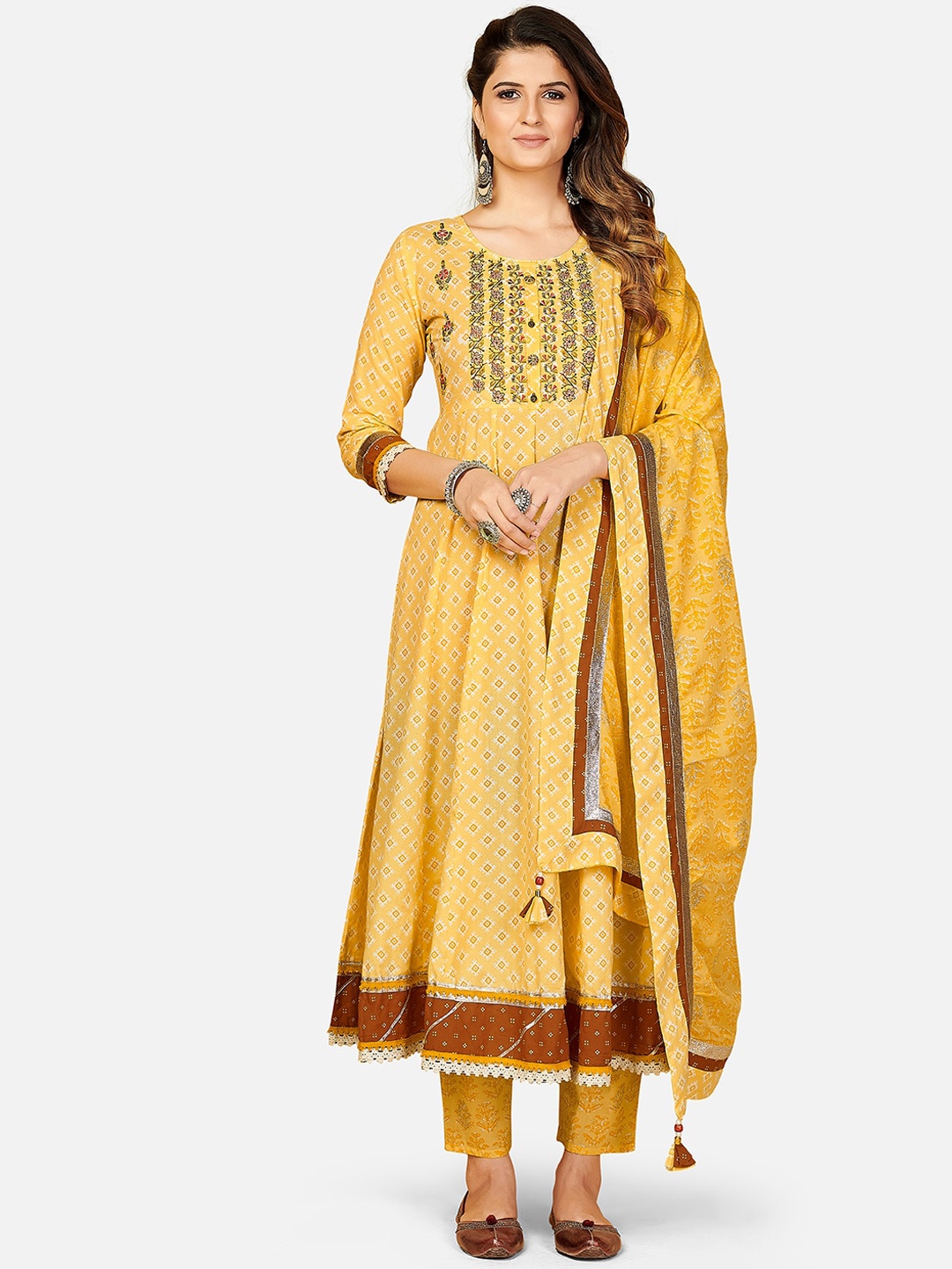 

Vbuyz Women Yellow Ethnic Motifs Print Pure Cotton Kurta with Trousers & Dupatta