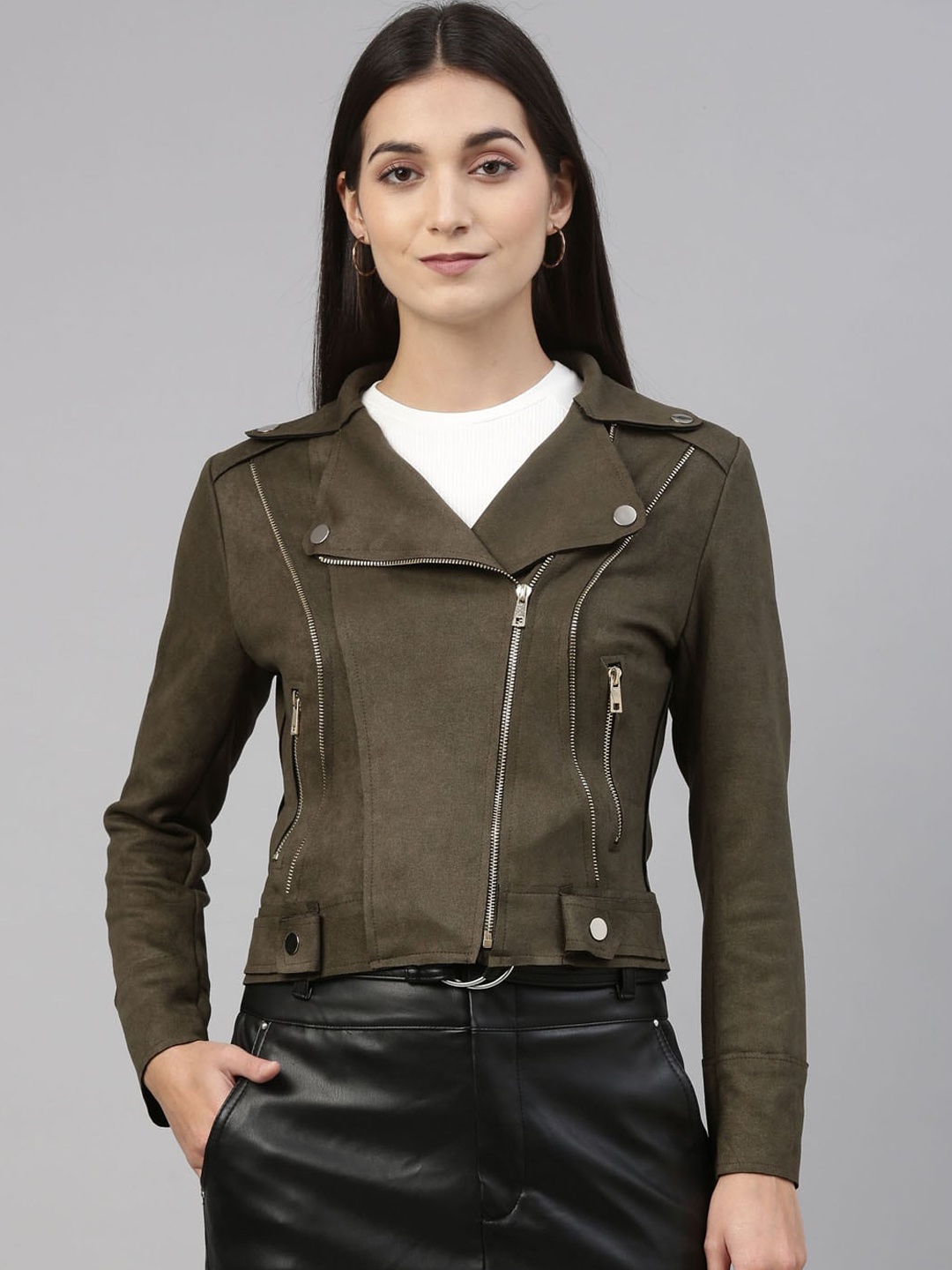 

Insua Women Olive Green Lightweight Crop Biker Jacket