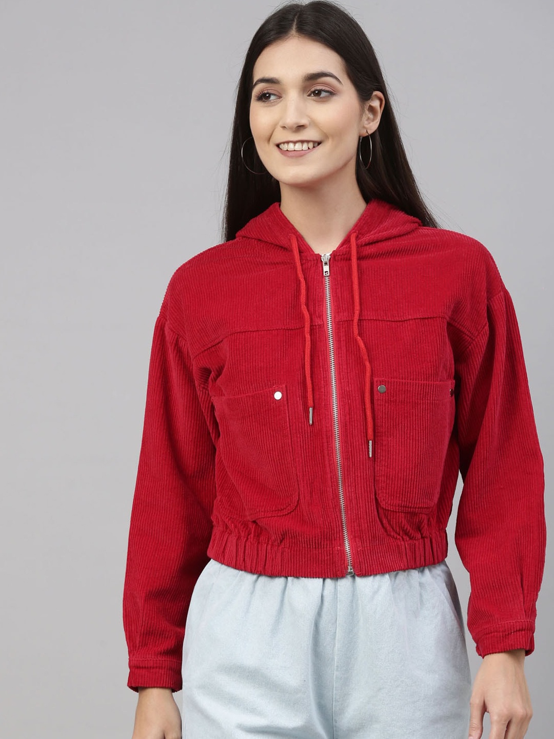 

Insua Women Red Striped Crop Open Hooded Bomber Jacket