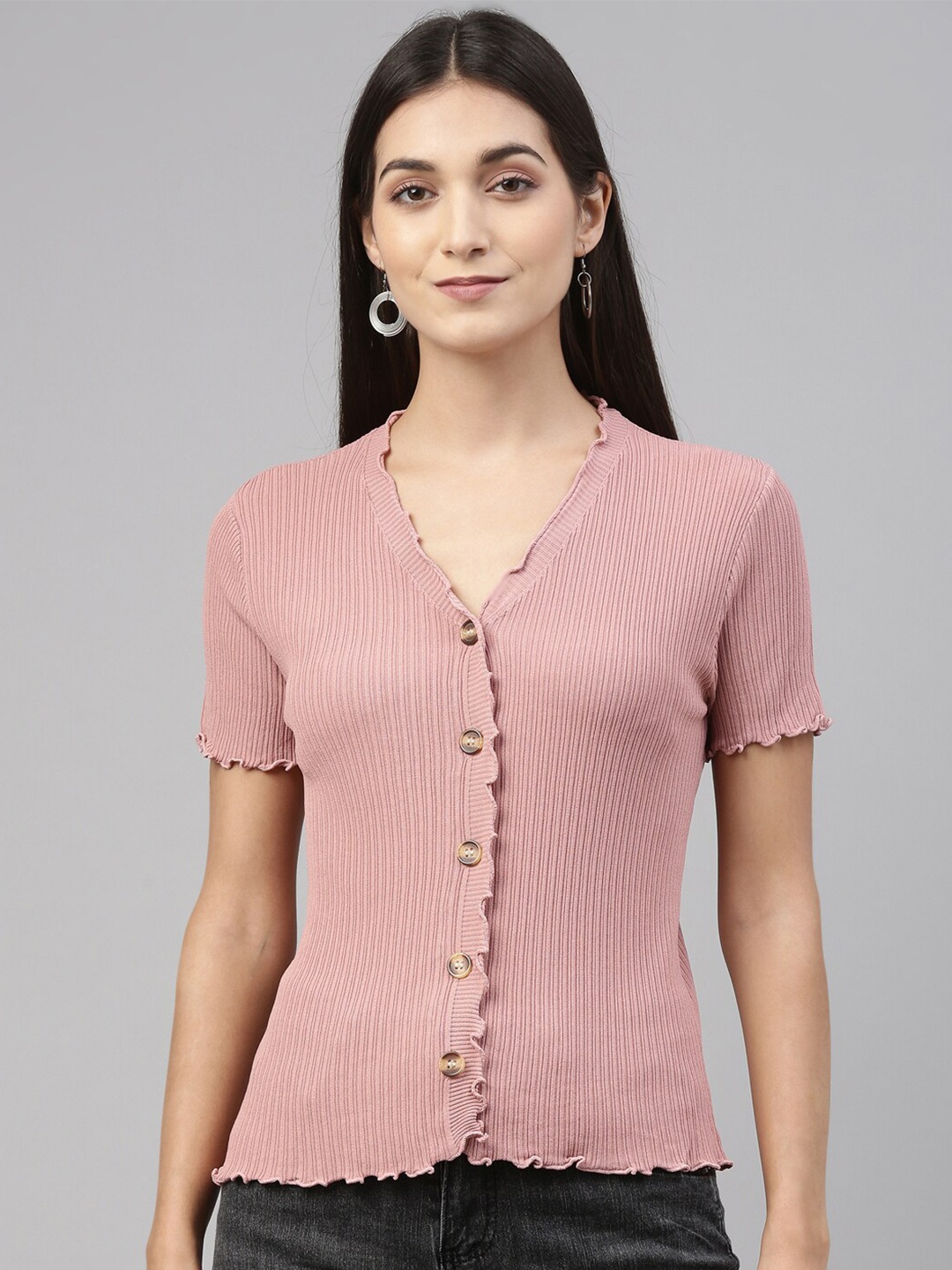 

Insua Women Pink Ribbed Regular Top