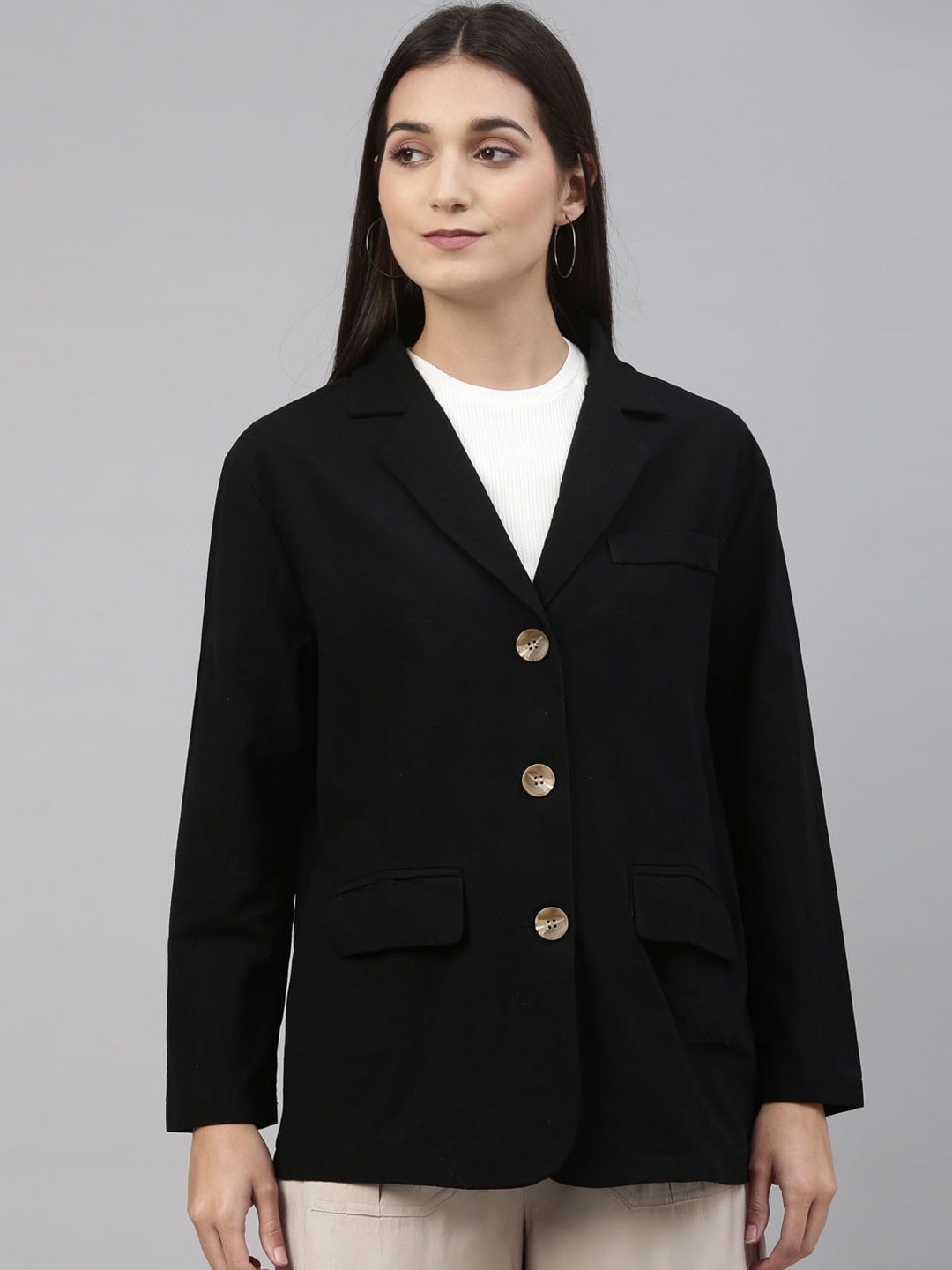 

Insua Women Black Longline Tailored Jacket with Embroidered