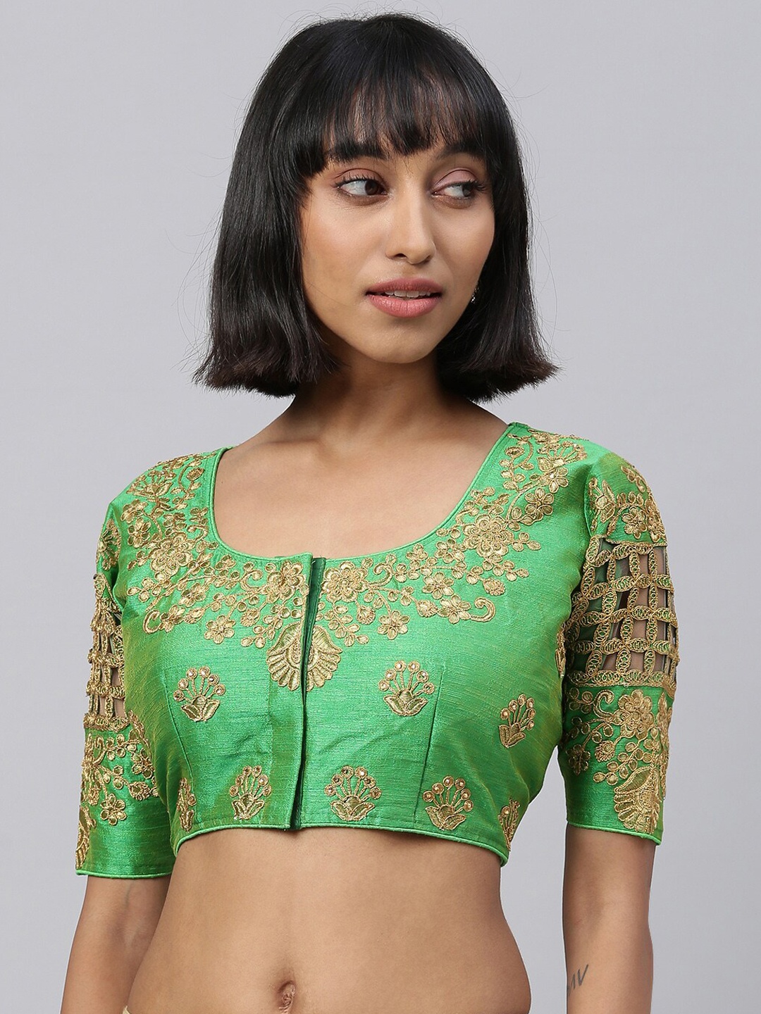 

Amrutam Fab Green & Gold-Coloured Embroidered Raw Silk Saree Blouse