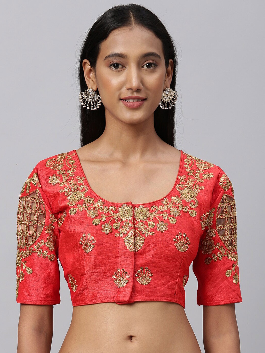 

Amrutam Fab Red & Gold-Coloured Embroidered Raw Silk Saree Blouse