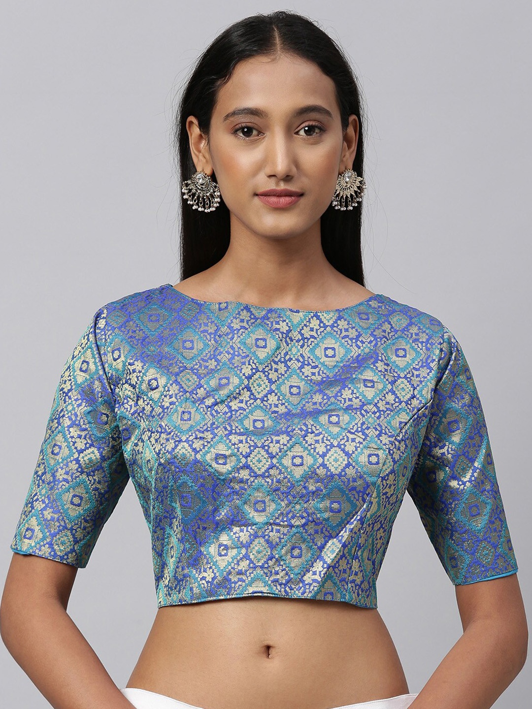 

Amrutam Fab Blue & Gold-Coloured Woven-Design Raw Silk Saree Blouse