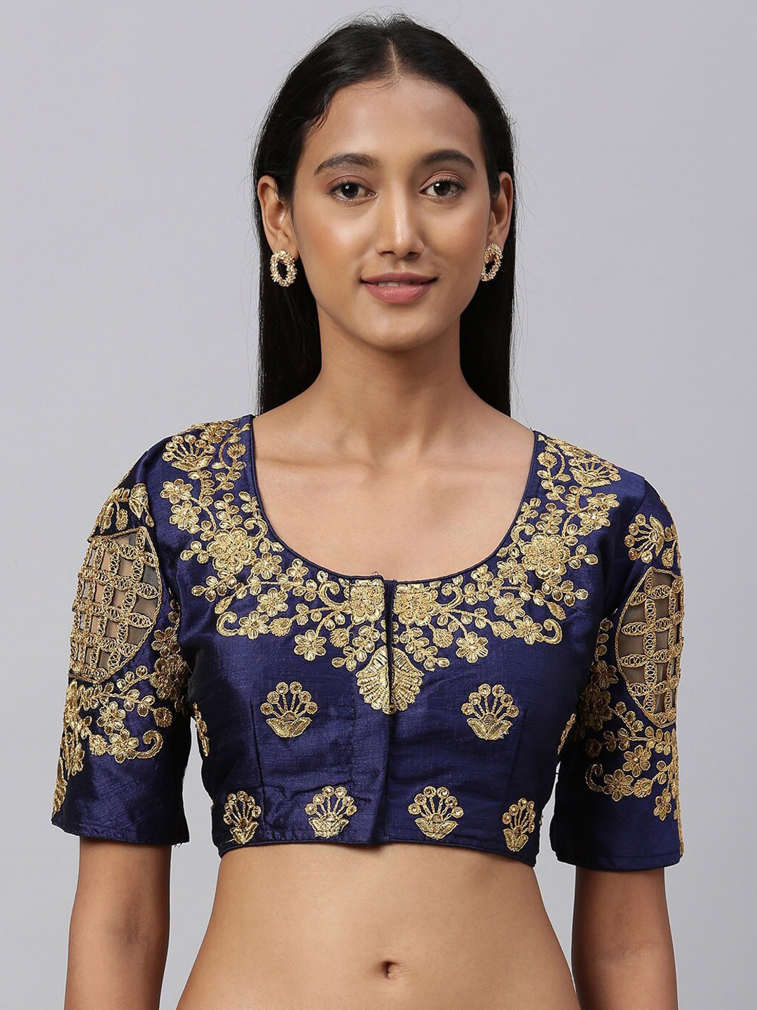

Amrutam Fab Navy Blue & Gold-Coloured Embroidered Raw Silk Saree Blouse