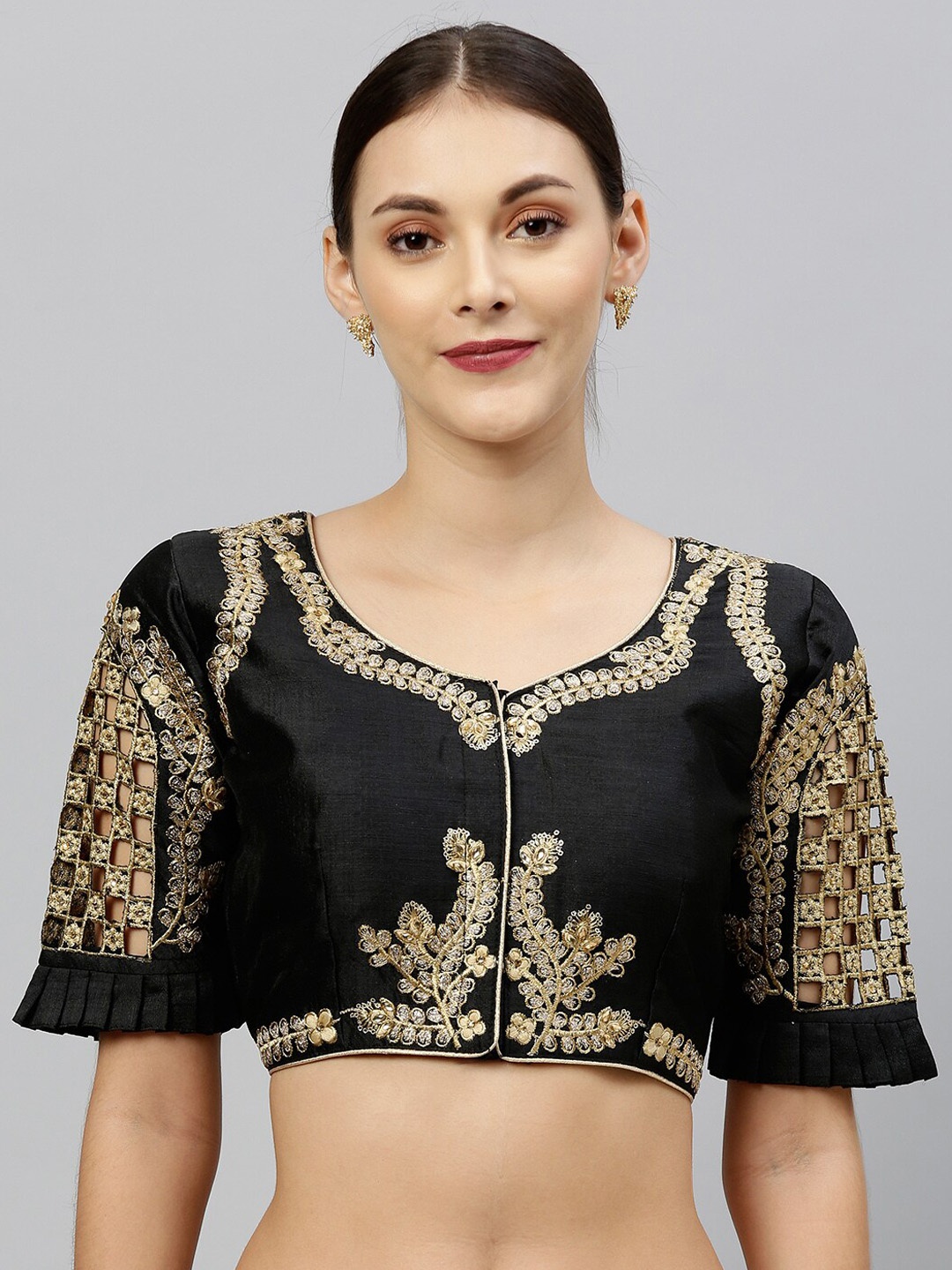 

Amrutam Fab Black & Gold-Coloured Embroidered Raw Silk Saree Blouse