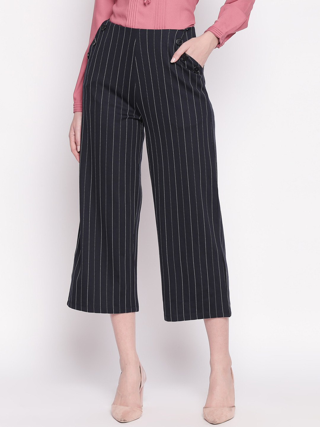 

Annabelle by Pantaloons Women Navy Blue Striped Culottes Trousers