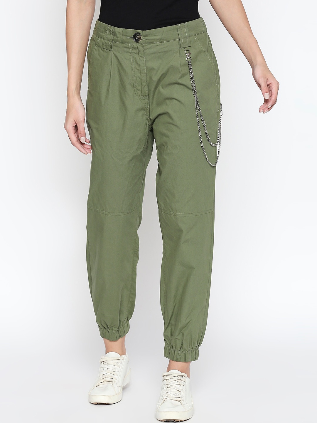 

People Women Green Slim Fit High-Rise Joggers Trousers