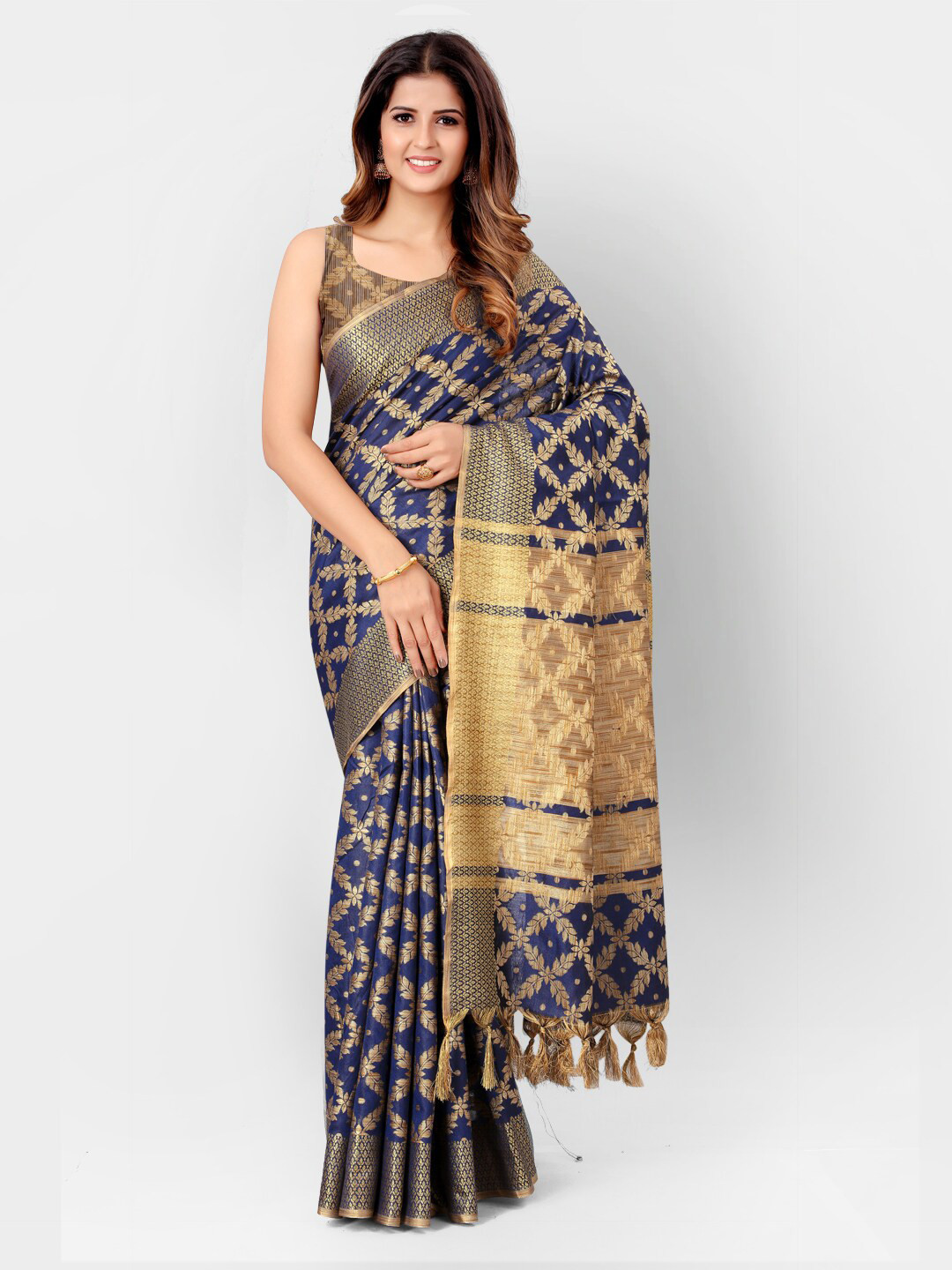 

SHOPGARB Navy Blue & Beige Woven Design Silk Cotton Banarasi Saree