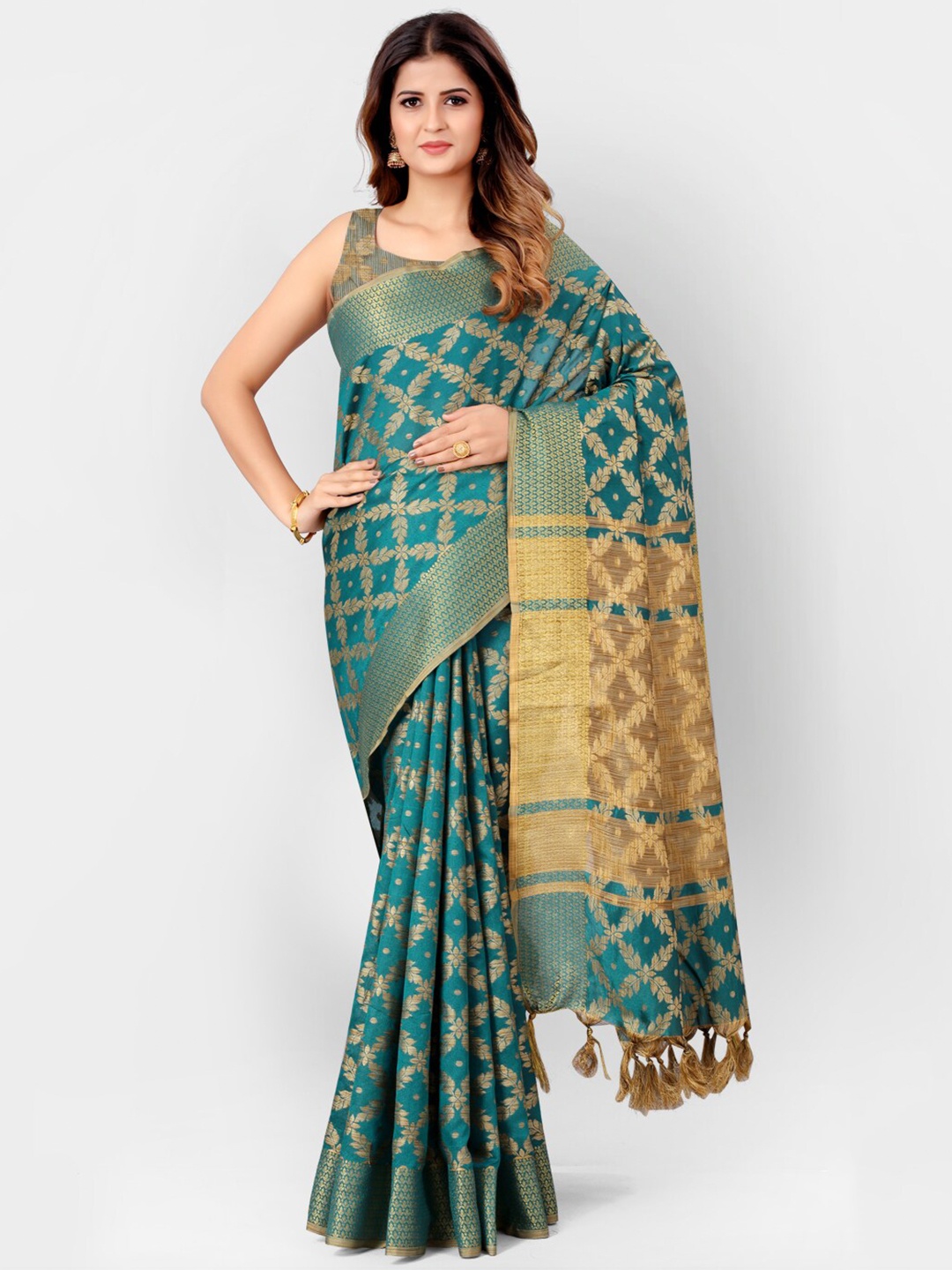 

SHOPGARB Teal & Gold-Toned Embellished Silk Cotton Banarasi Saree