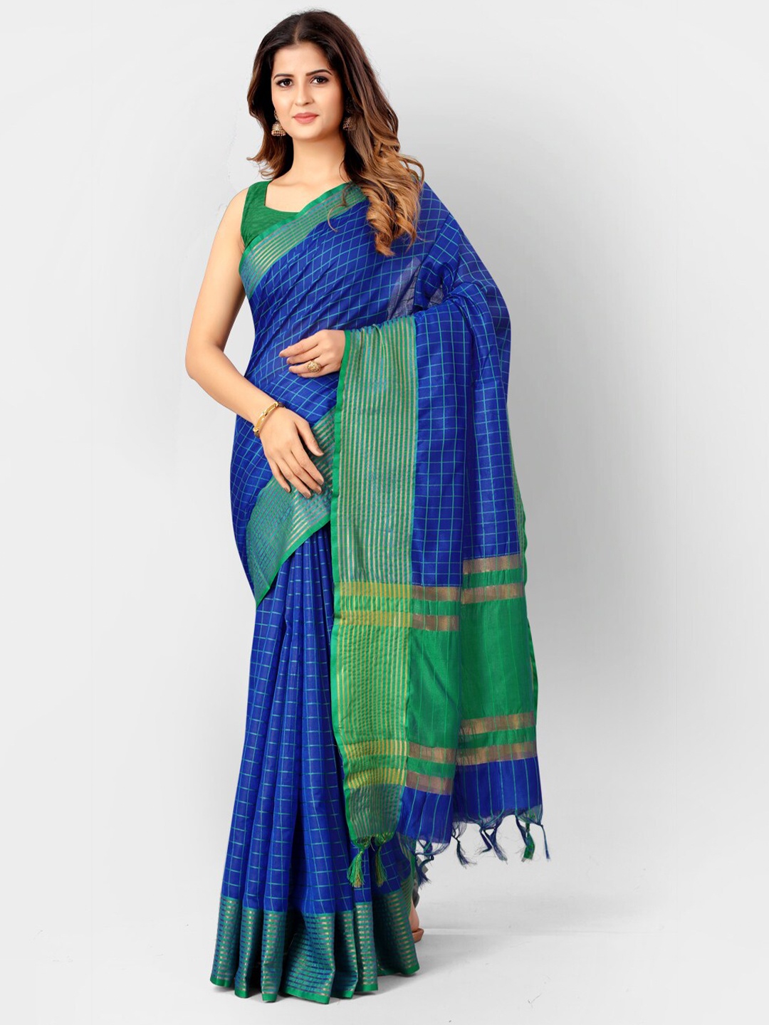 

SHOPGARB Blue & Green Checked Silk Cotton Banarasi Saree