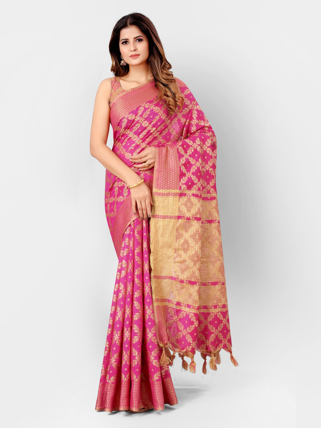 

SHOPGARB Pink & Cream-Coloured Woven Design Silk Cotton Banarasi Saree