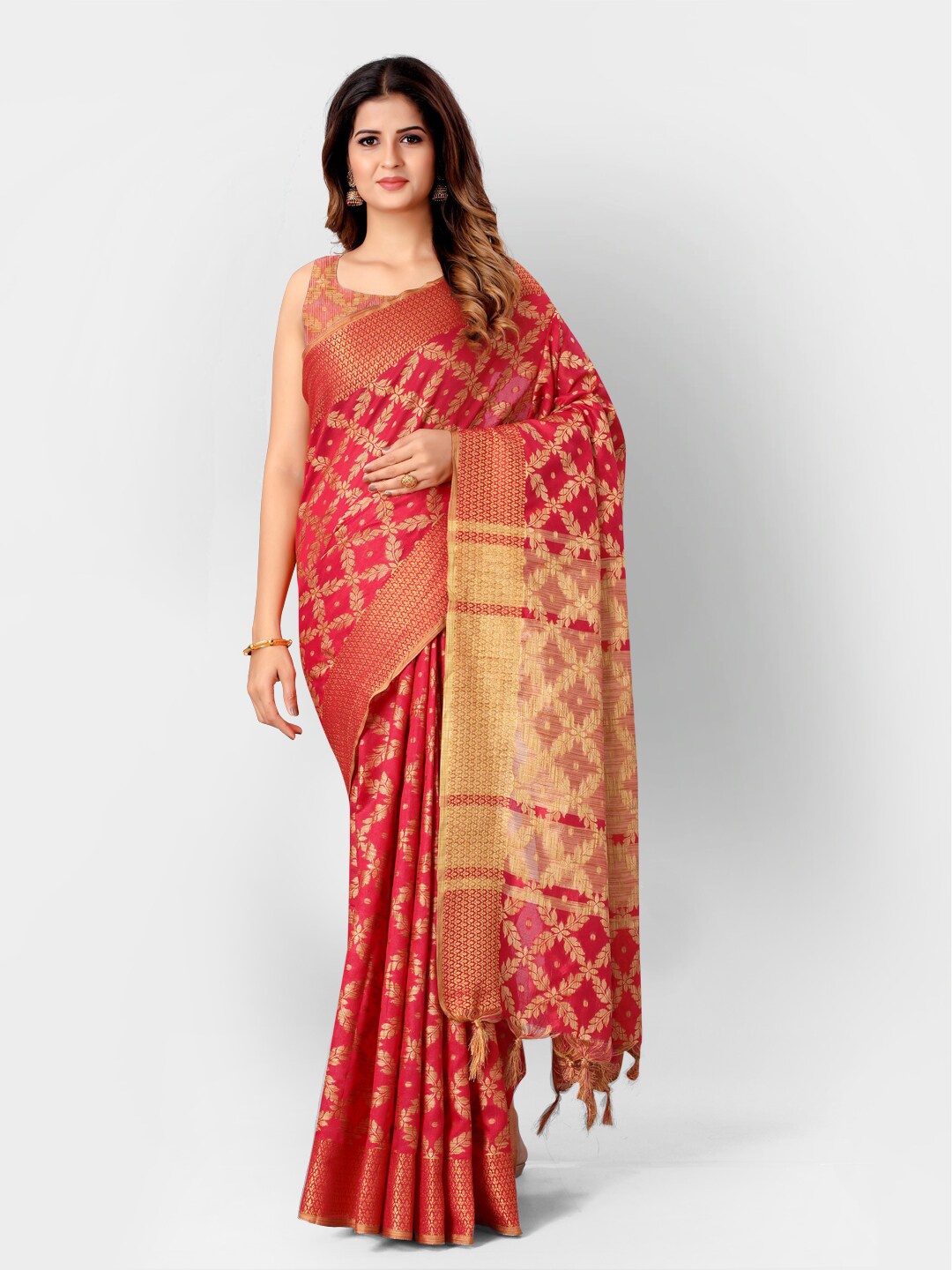 

SHOPGARB Red & Gold-Toned Woven Design Silk Cotton Banarasi Saree