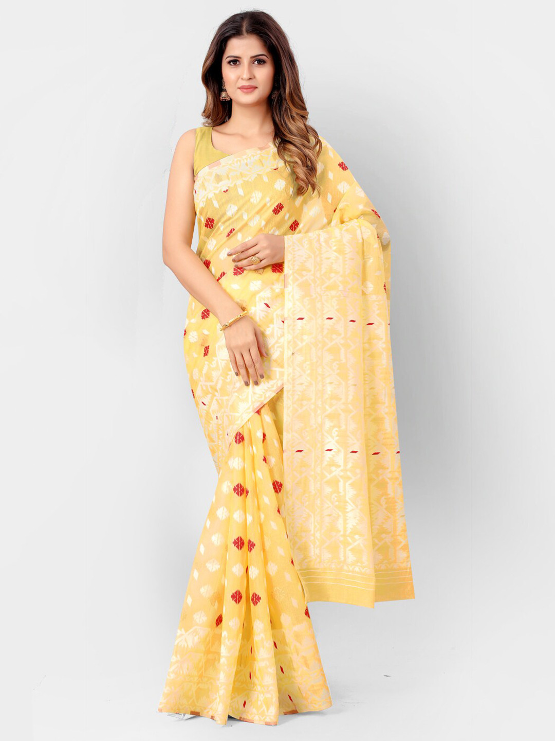 

SHOPGARB Yellow & Red Woven Design Silk Cotton Jamdani Saree