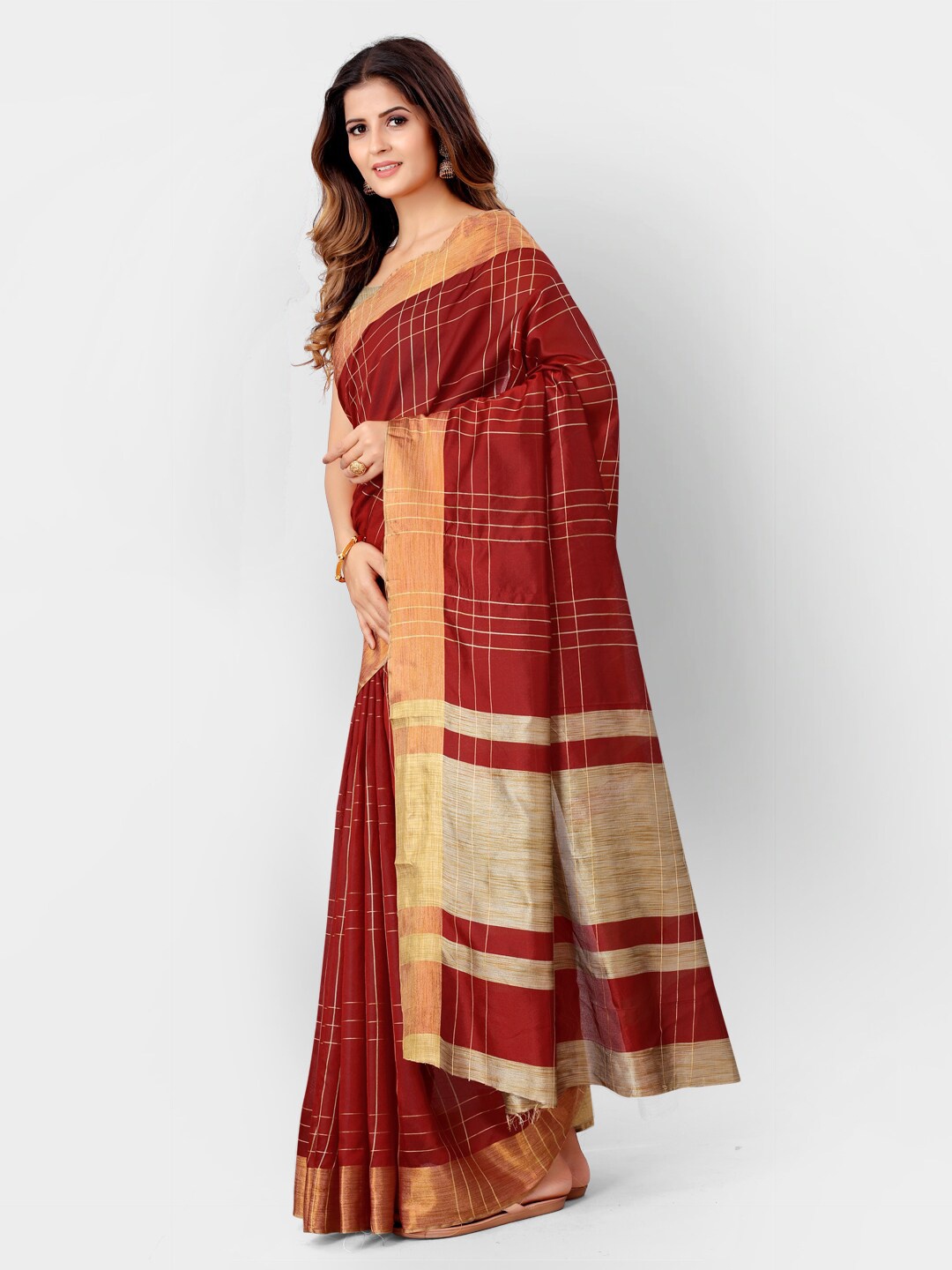 

SHOPGARB Maroon & Cream-Coloured Checked Silk Cotton Banarasi Saree