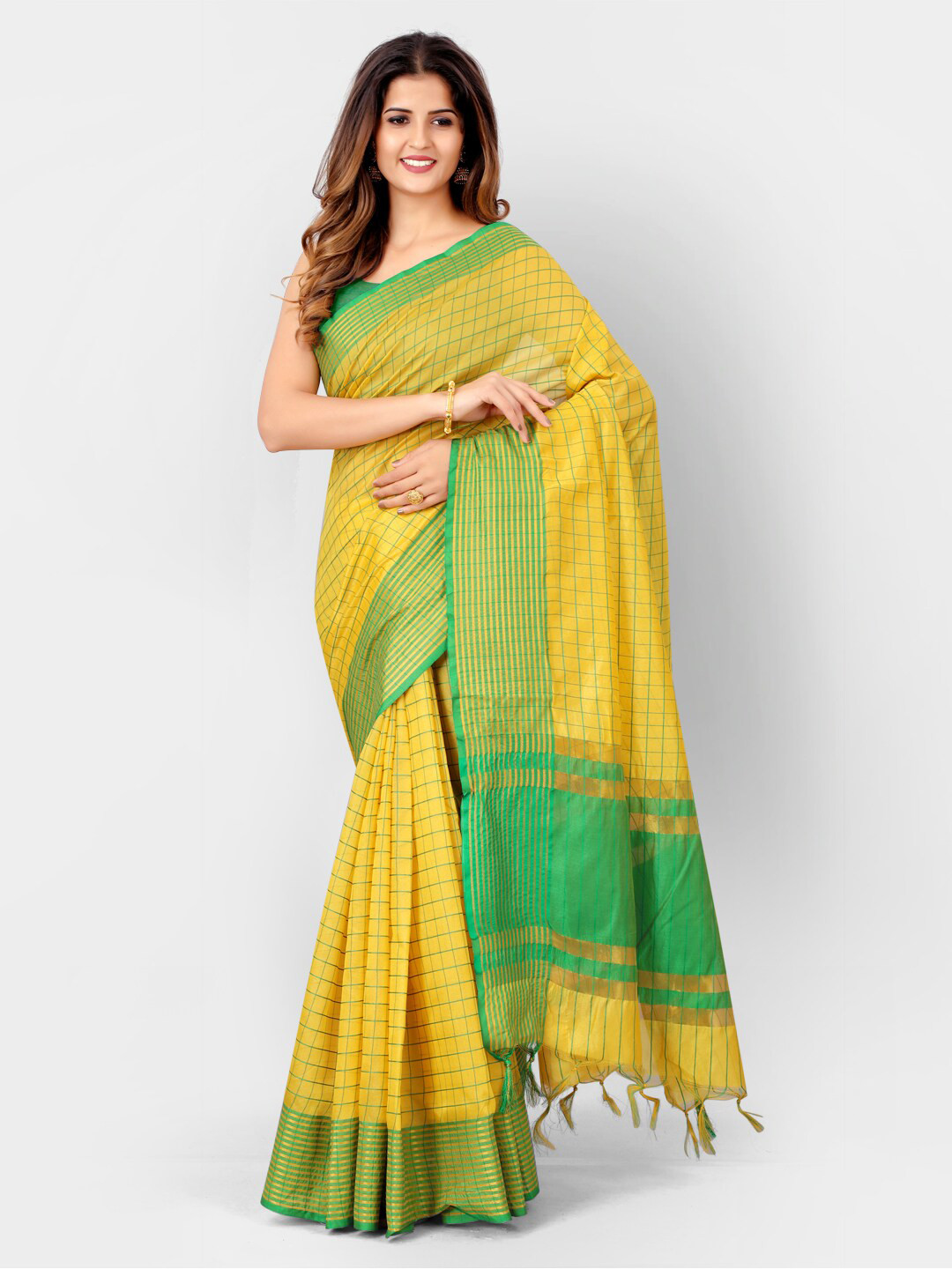 

SHOPGARB Yellow & Green Embellished Silk Cotton Banarasi Saree