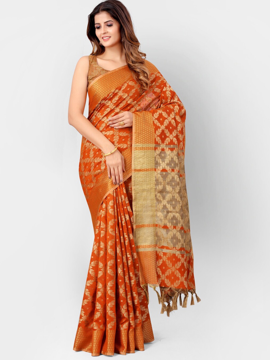 

SHOPGARB Rust & Gold-Toned Woven Design Silk Cotton Banarasi Saree