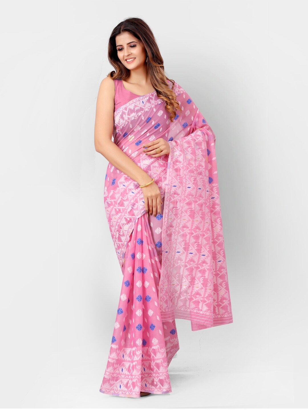 

SHOPGARB Pink & Blue Woven Design Silk Cotton Jamdani Saree