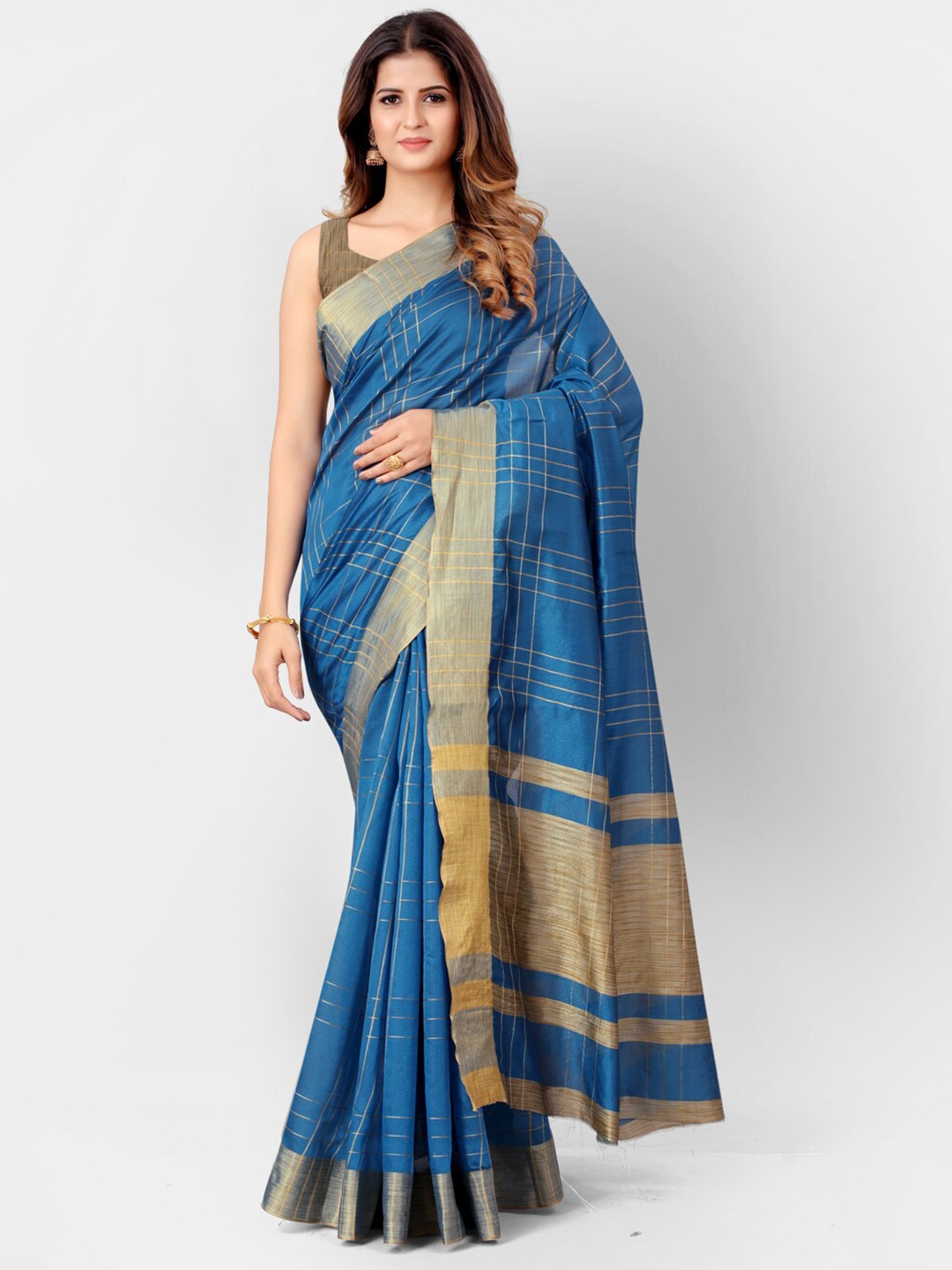 

SHOPGARB Blue & Gold-Toned Checked Silk Cotton Banarasi Saree