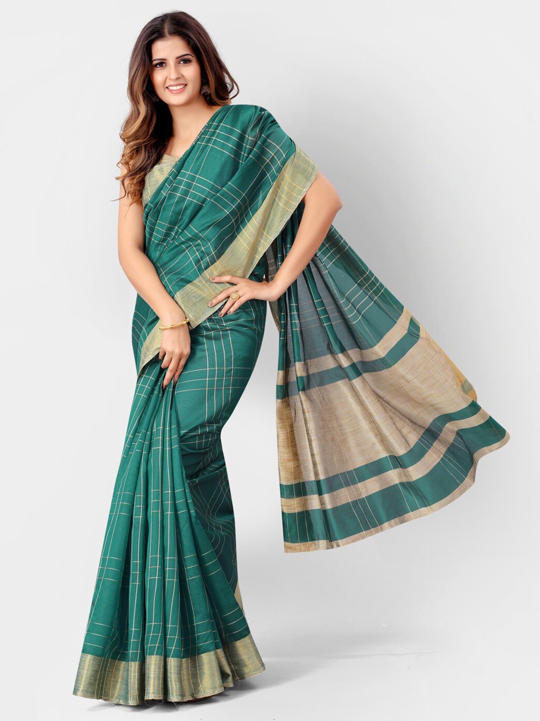 

SHOPGARB Green & Beige Checked Silk Cotton Banarasi Saree