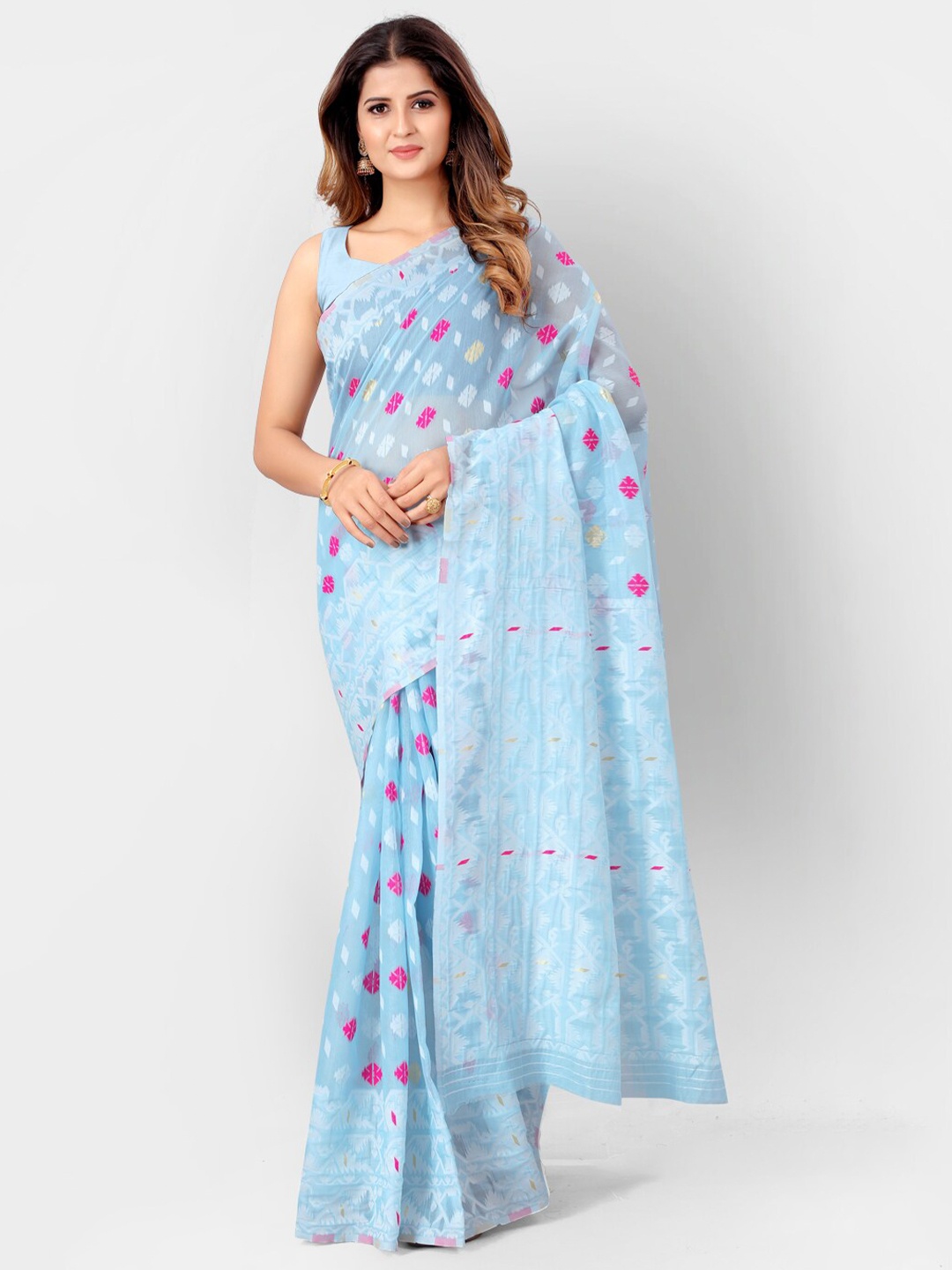 

SHOPGARB Turquoise Blue & Pink Woven Design Silk Cotton Jamdani Saree