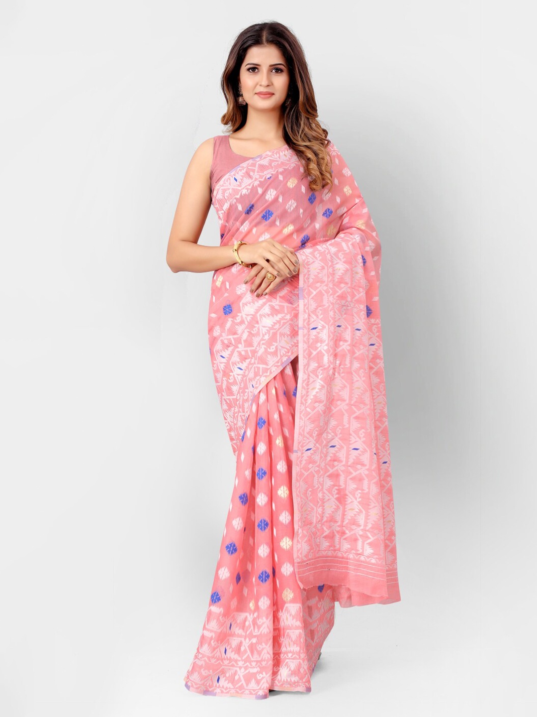 

SHOPGARB Pink & Blue Woven Design Silk Cotton Jamdani Saree