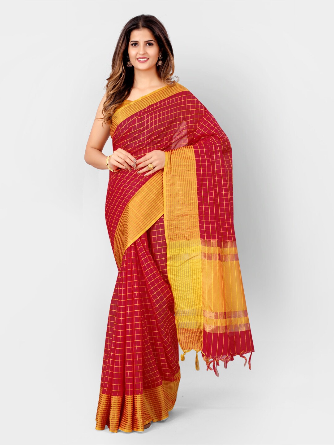 

SHOPGARB Red & Yellow Checked Silk Cotton Banarasi Saree