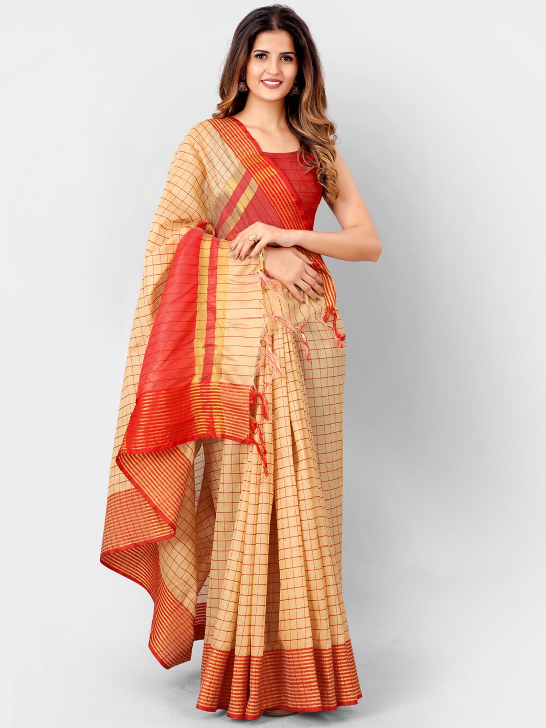 

SHOPGARB Beige & Red Checked Silk Cotton Banarasi Saree