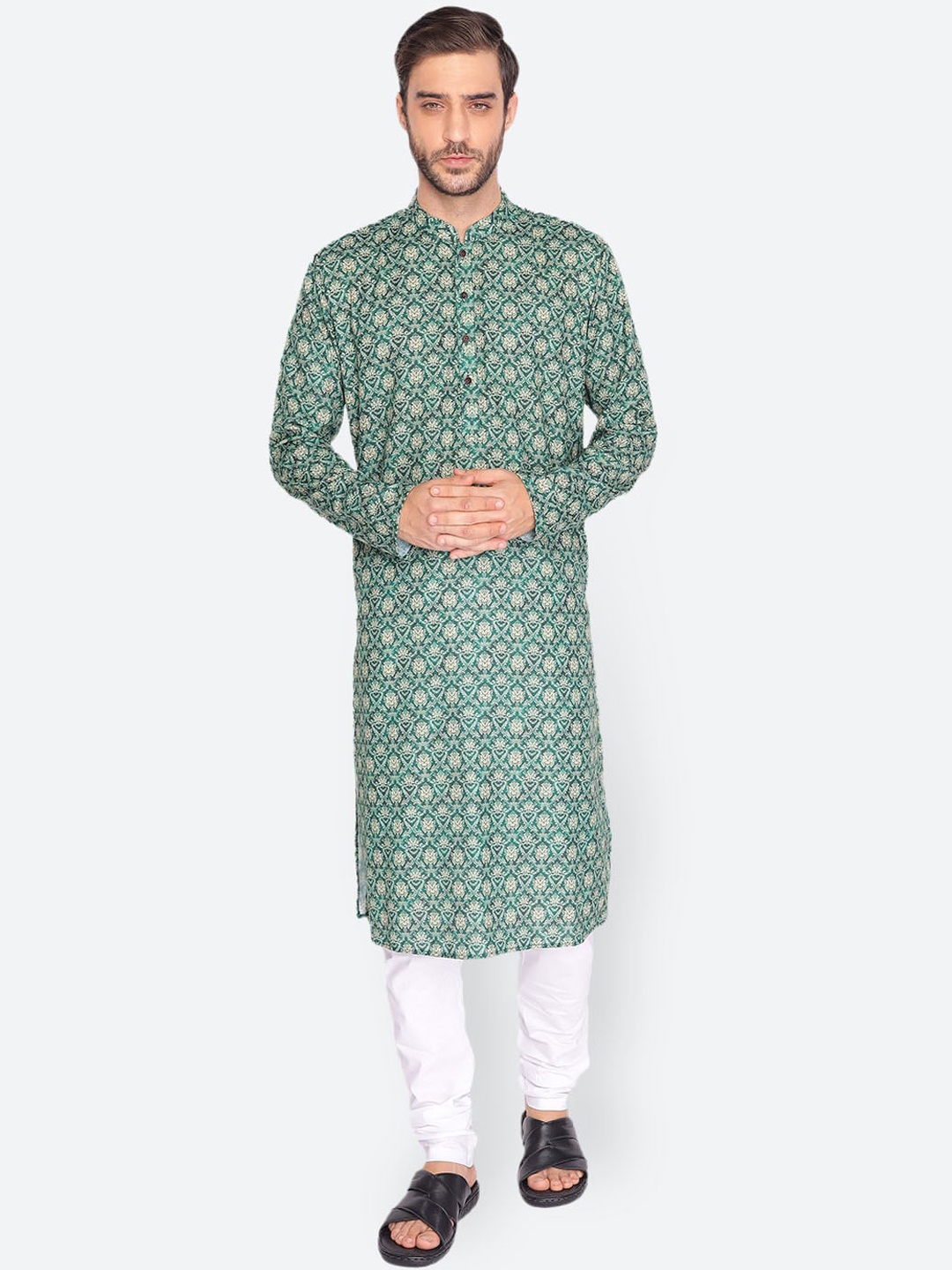 

NAMASKAR Men Green Geometric Checked Thread Work Pathani Kurta