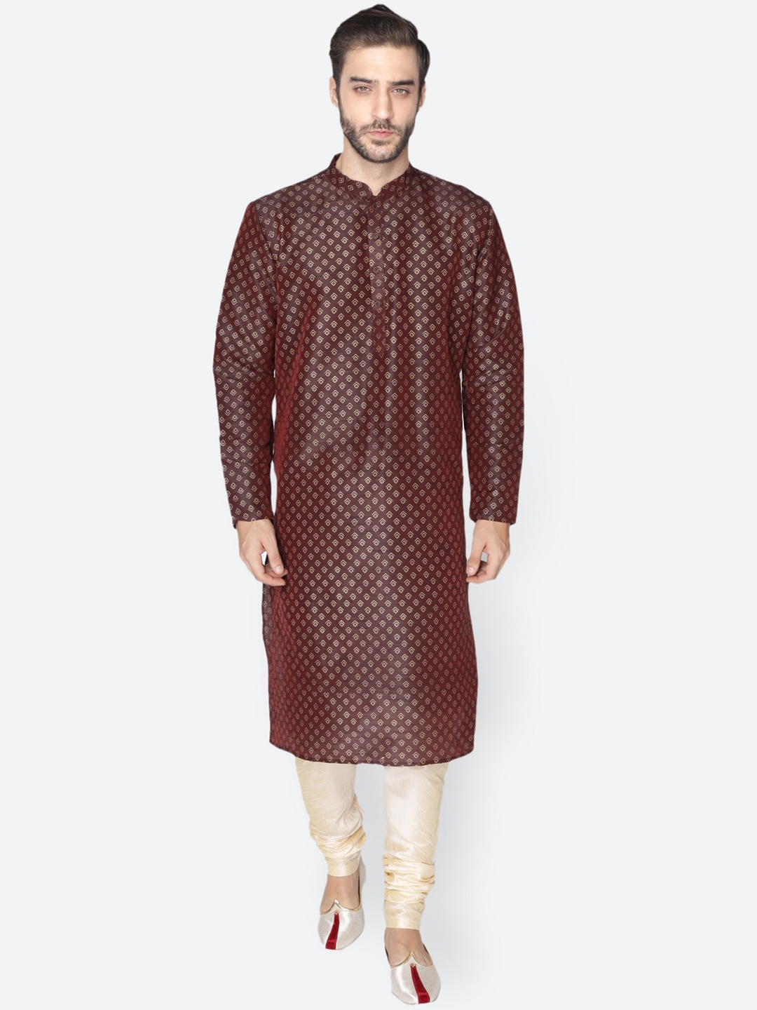 

NAMASKAR Men Burgundy & Golden Printed Dupion Silk Kurta