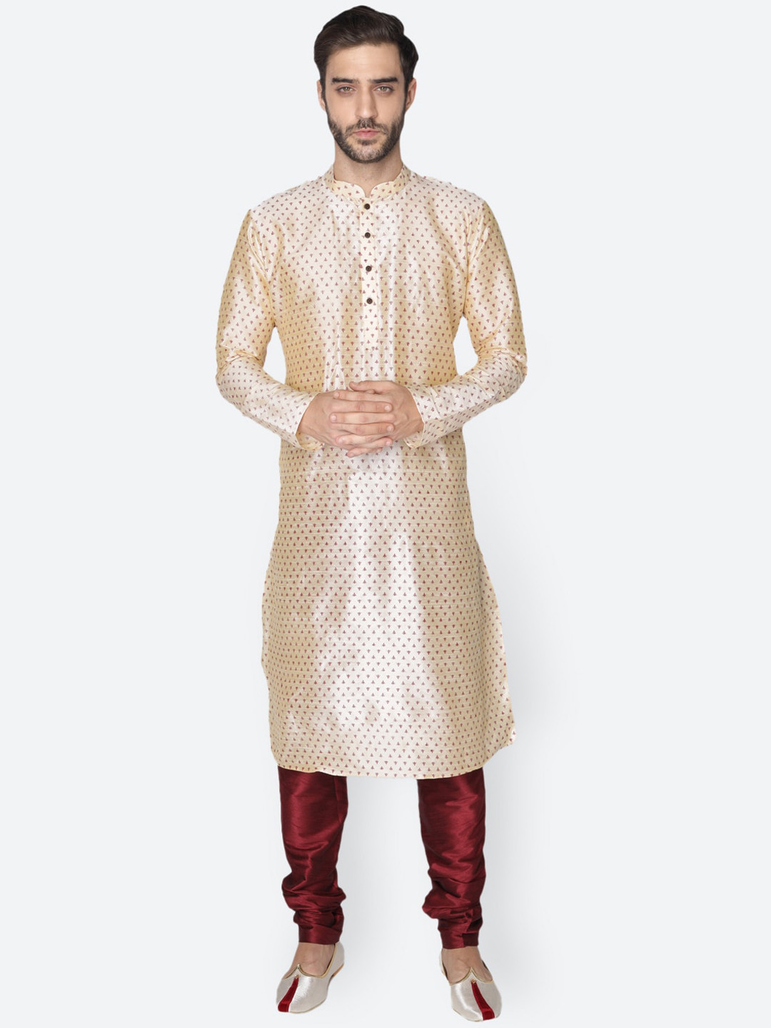 

NAMASKAR Men Beige & Red Dupion Silk Ethnic Motifs Printed Kurta