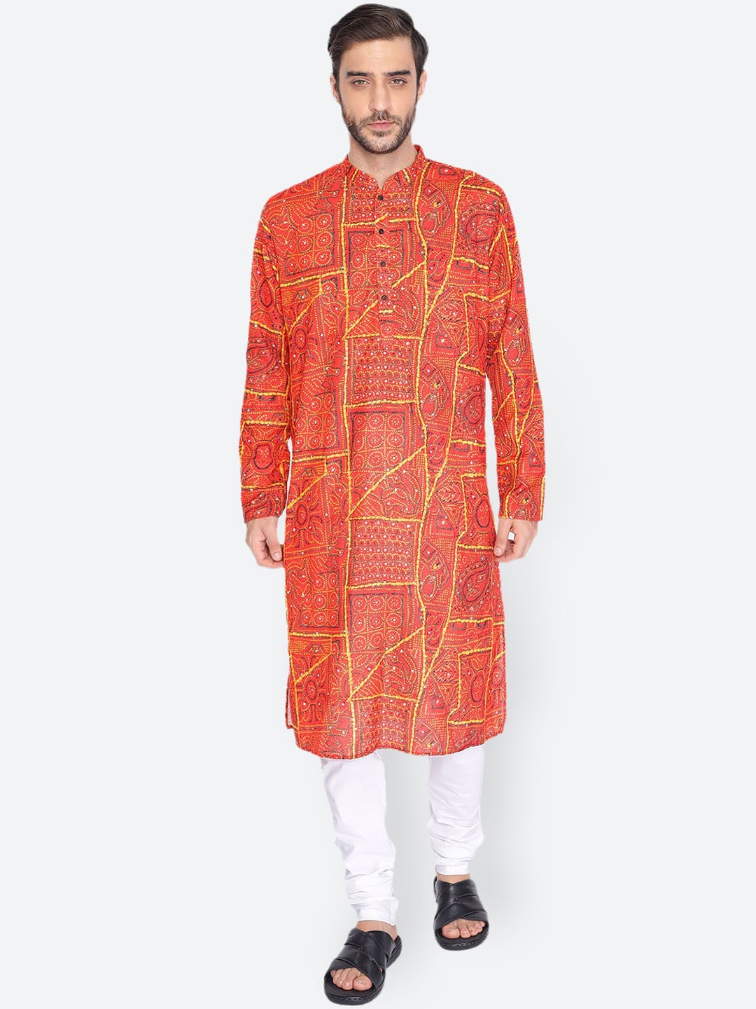 

NAMASKAR Men Red Pathani Cotton Linen Printed Kurta