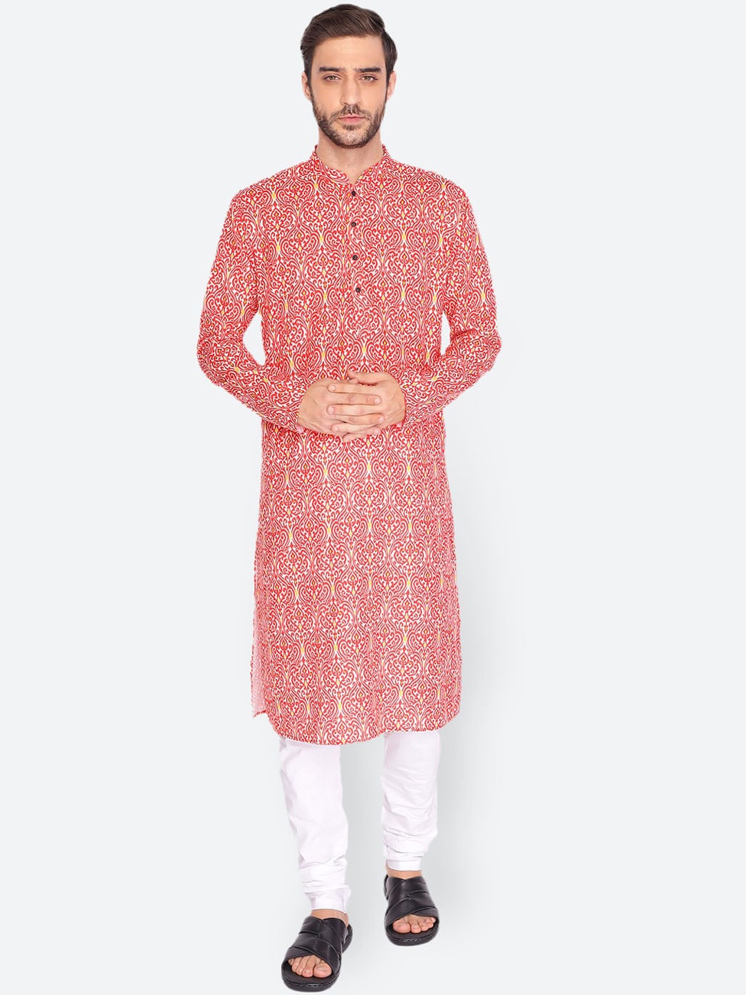 

NAMASKAR Men Red Ethnic Motifs Printed Cotton Linen Kurta