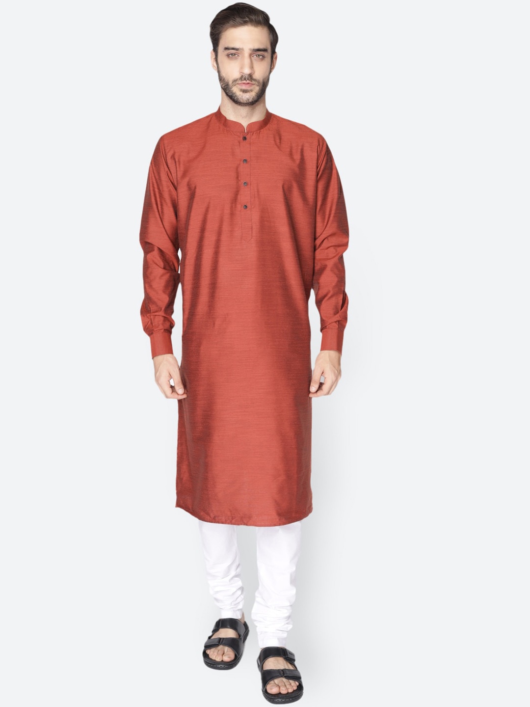 

NAMASKAR Men Rust Red Cotton Blend Solid Kurta