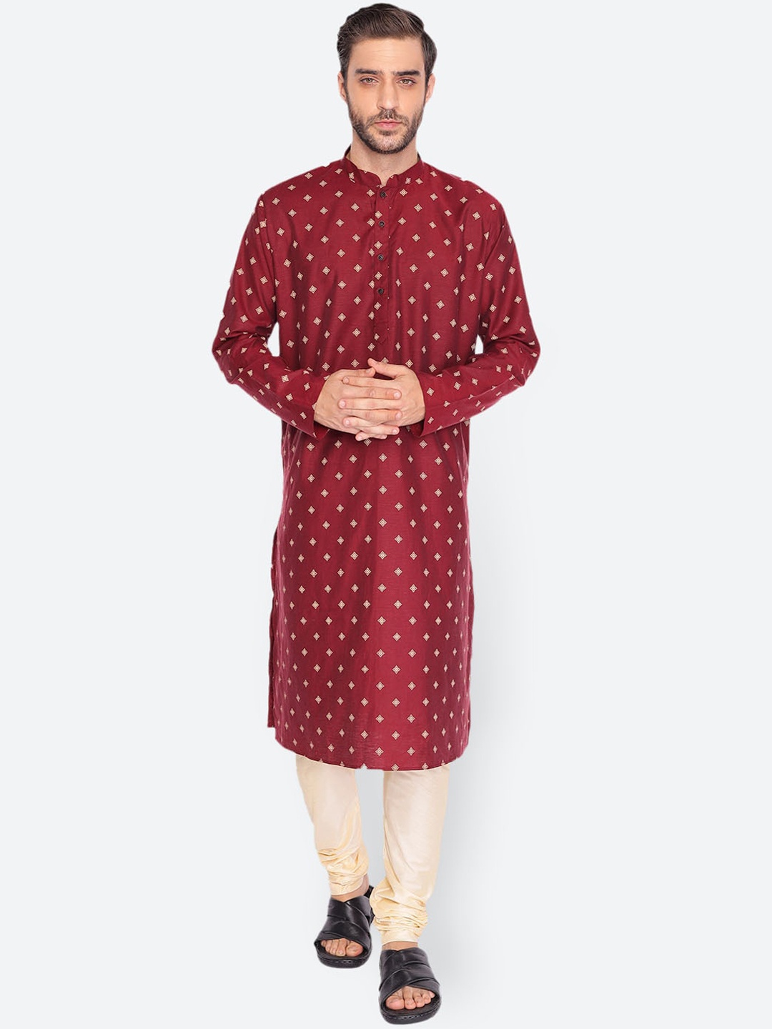 

NAMASKAR Men Maroon & Beige Cotton Blend Printed Kurta