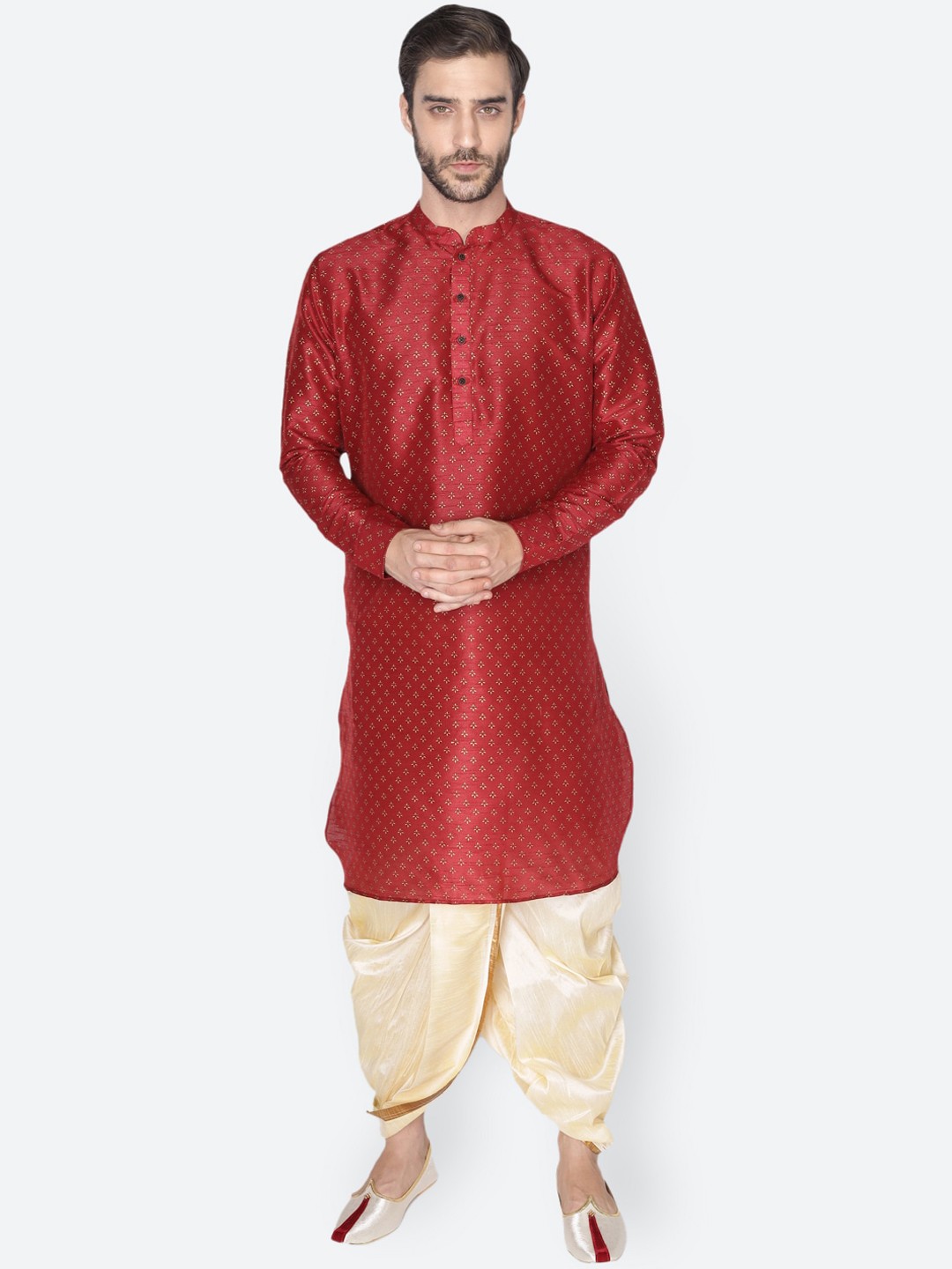 

NAMASKAR Men Red & Gold-Toned Dupion Silk Printed Kurta