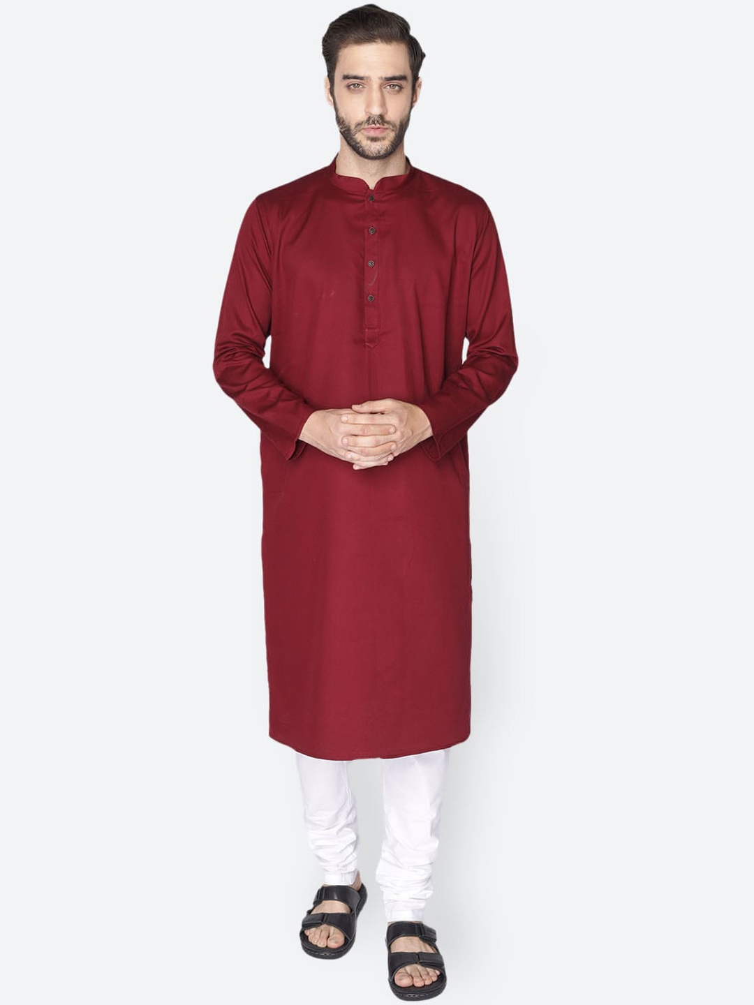 

NAMASKAR Men Maroon Cotton Linen Solid Kurta