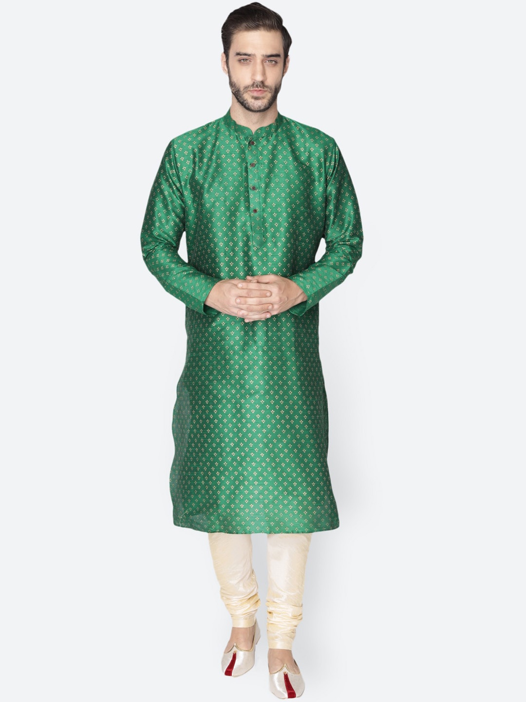 

NAMASKAR Men Green & Gold Dupion Silk Printed Kurta