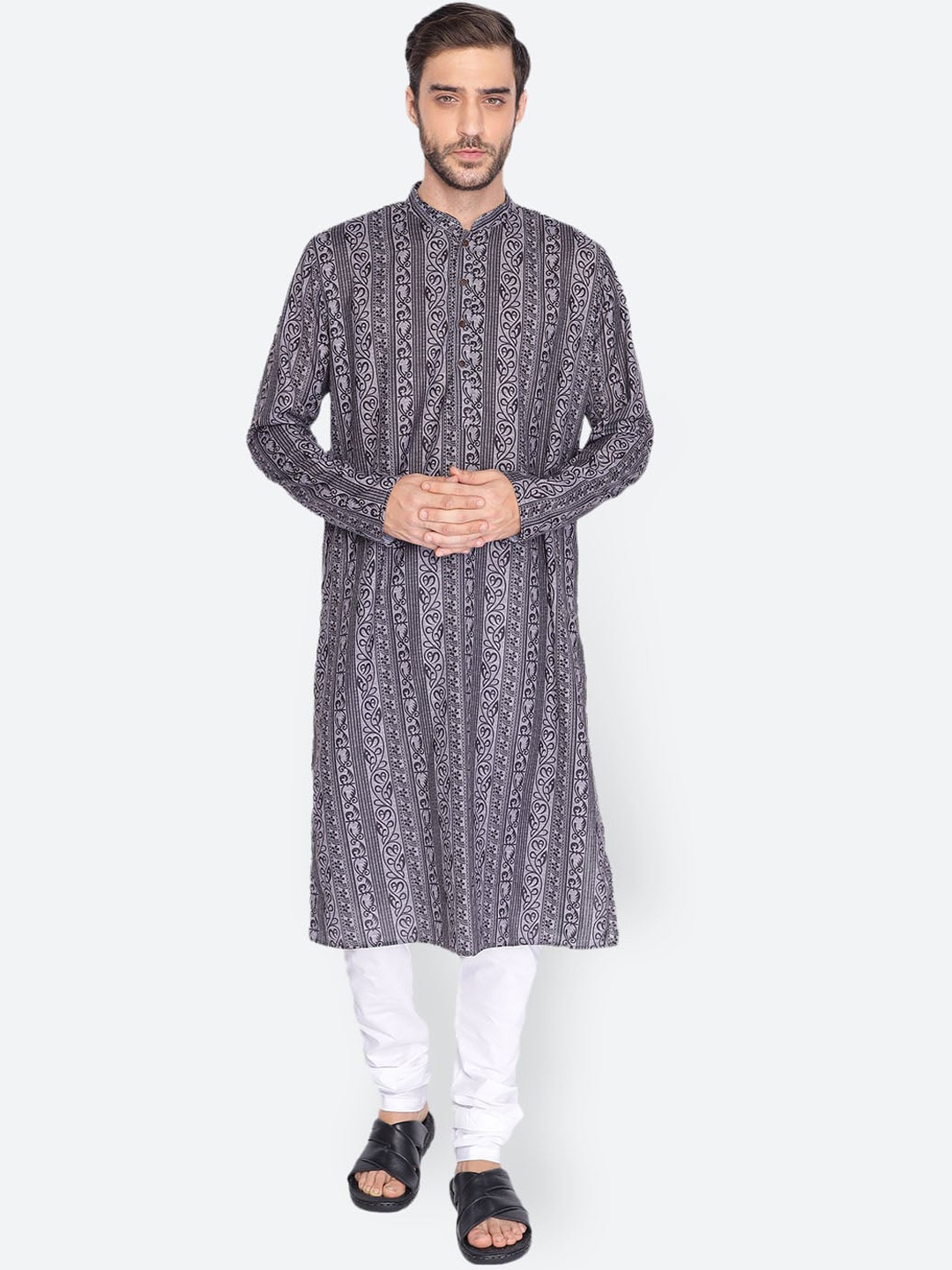 

NAMASKAR Men Grey Ethnic Motifs Printed Cotton Linen Kurta