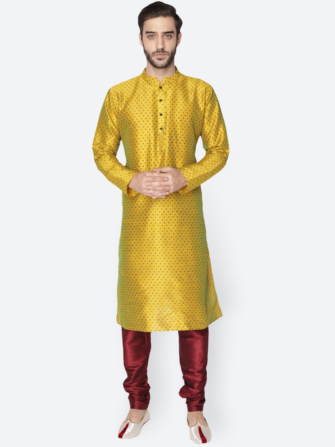 

NAMASKAR Men Mustard Yellow & Red Dupion Silk Printed Kurta
