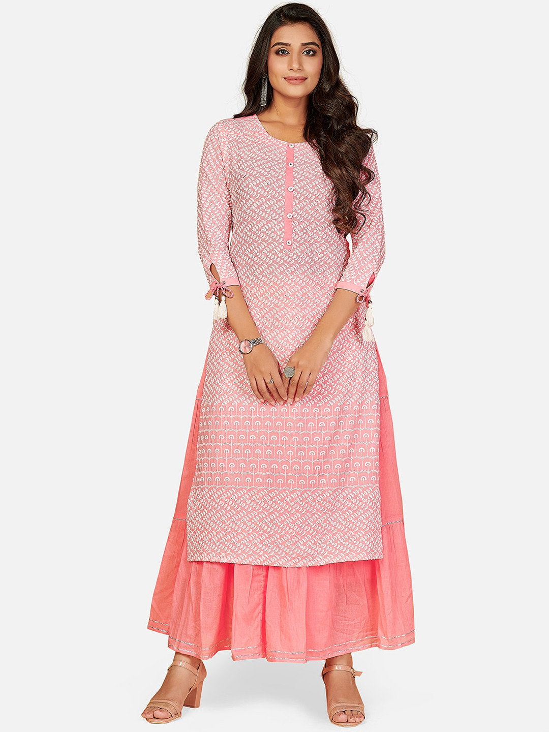 

Vbuyz Women Pink Regular Chikankari Pure Cotton Kurta with Sharara