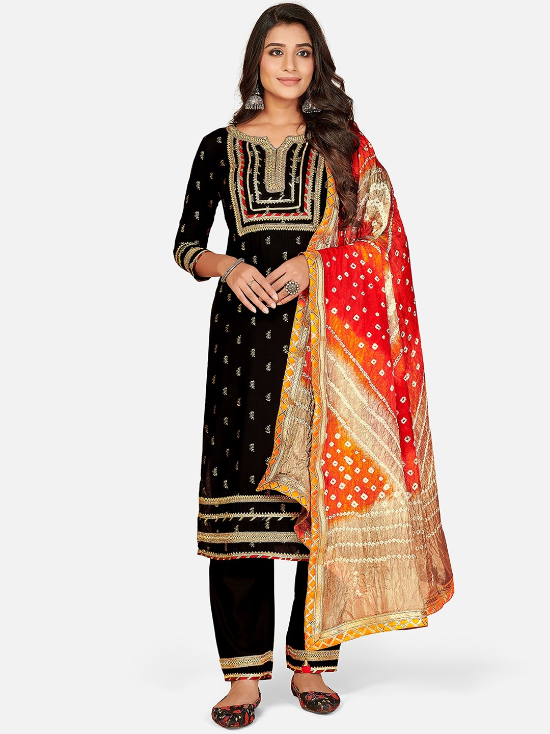 

Vbuyz Women Black Ethnic Motifs Embroidered Cotton Kurta with Palazzos & Dupatta