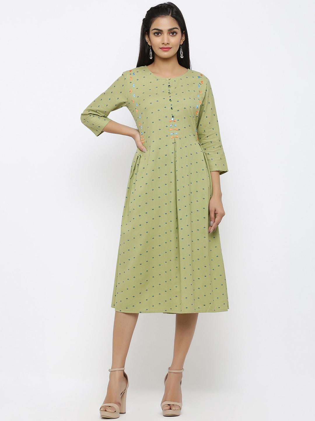 

Maaesa Green Floral Ethnic A-Line Midi Dress