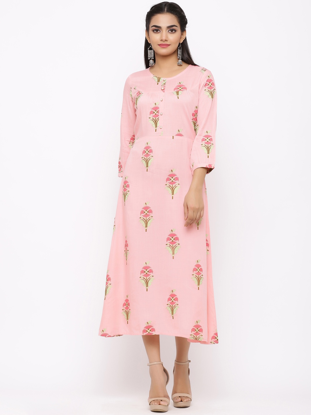 

Maaesa Pink Floral Printed A-Line Midi Cotton Dress