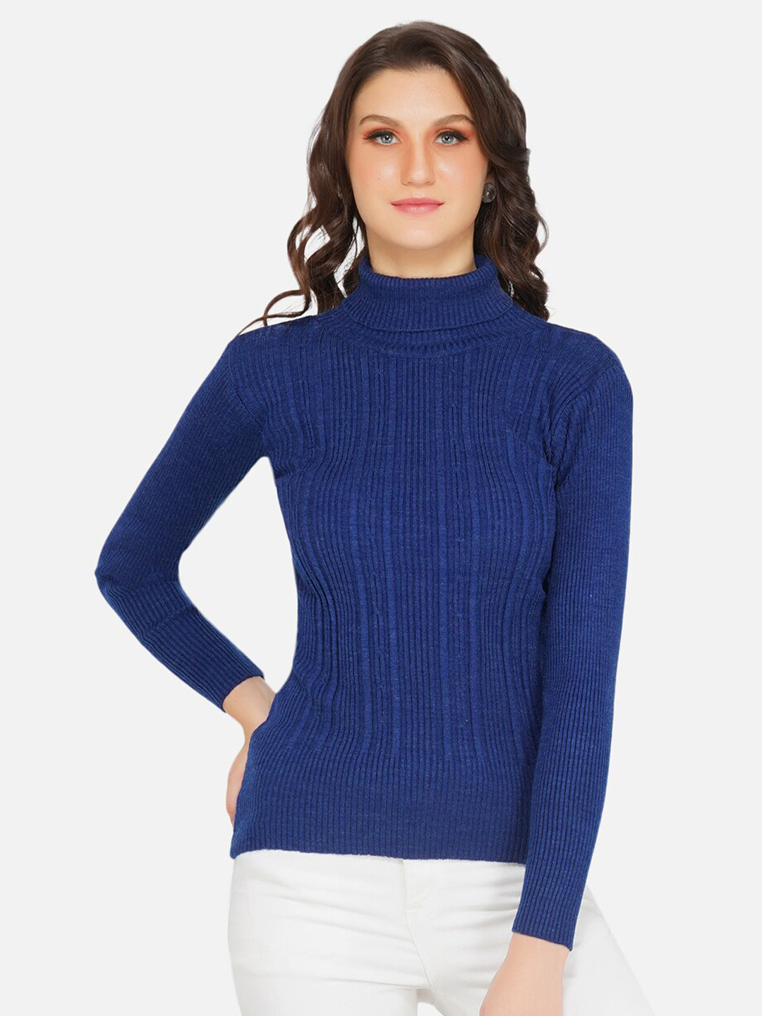 

FABNEST Women Navy Blue Striped Pullover Sweater
